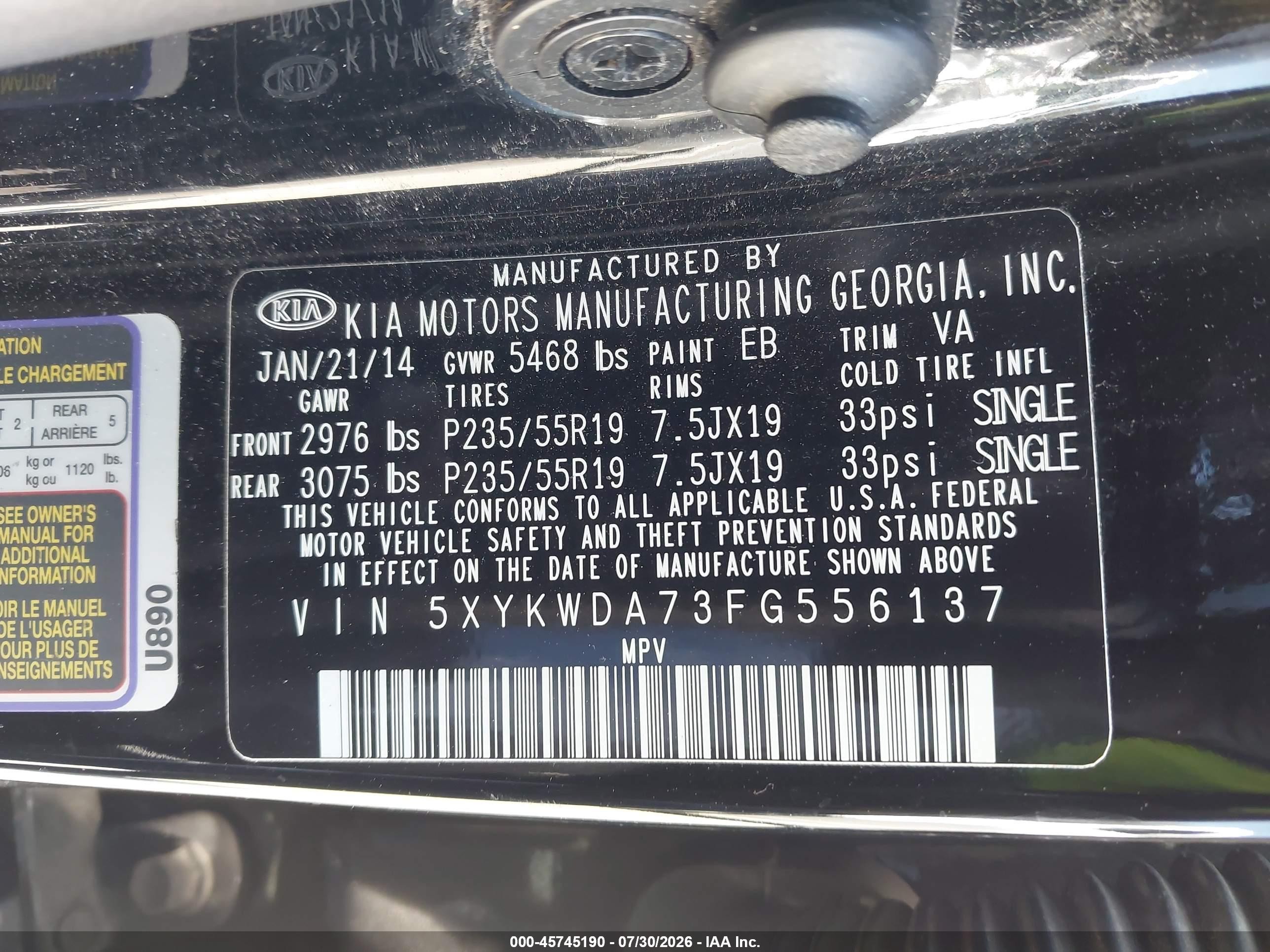 2015 Kia Sorento Limited V6 Black vin: 5XYKWDA73FG556137