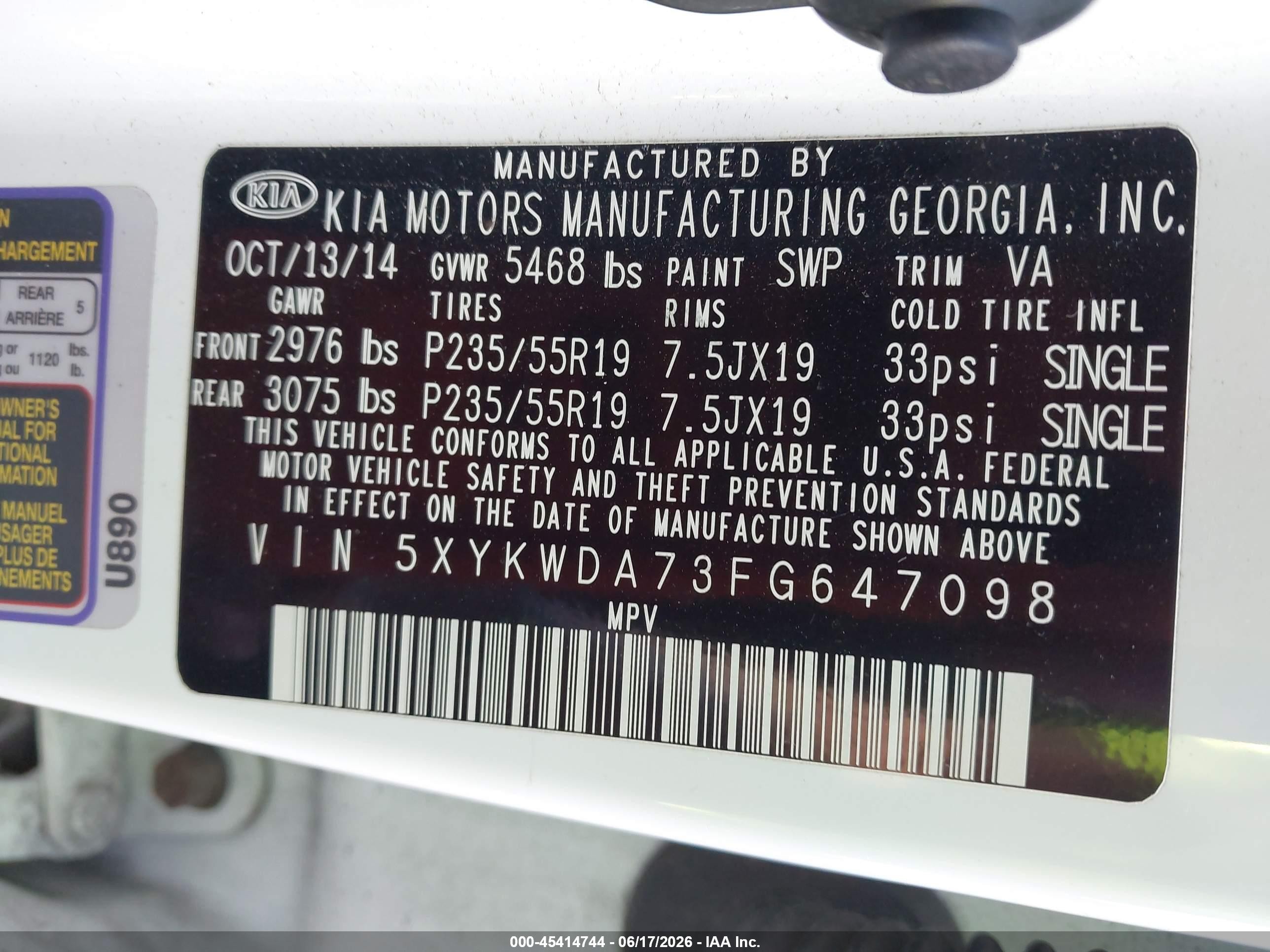 2015 Kia Sorento Sx V6 White vin: 5XYKWDA73FG647098