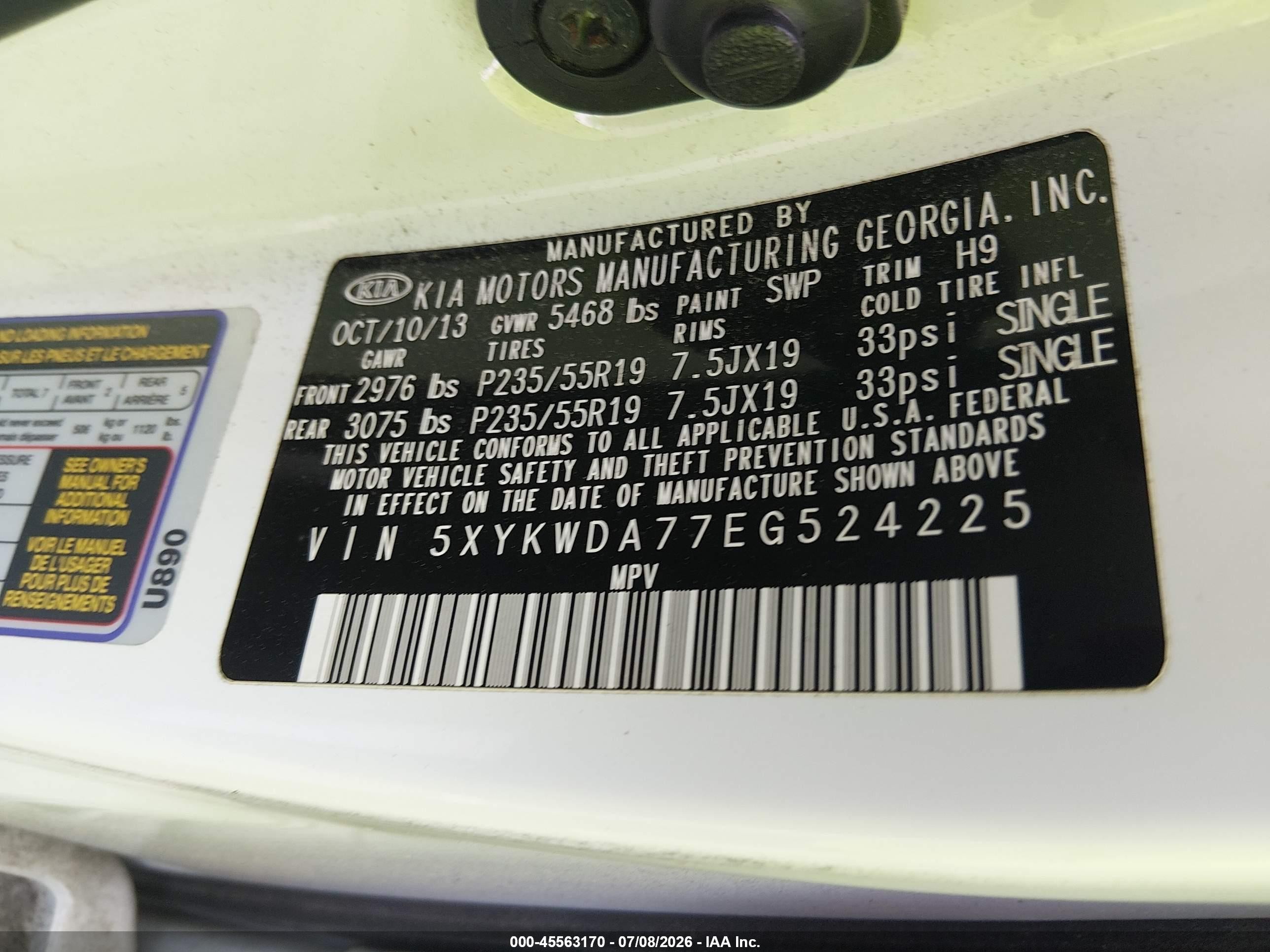2014 Kia Sorento Sx V6 Белый vin: 5XYKWDA77EG524225