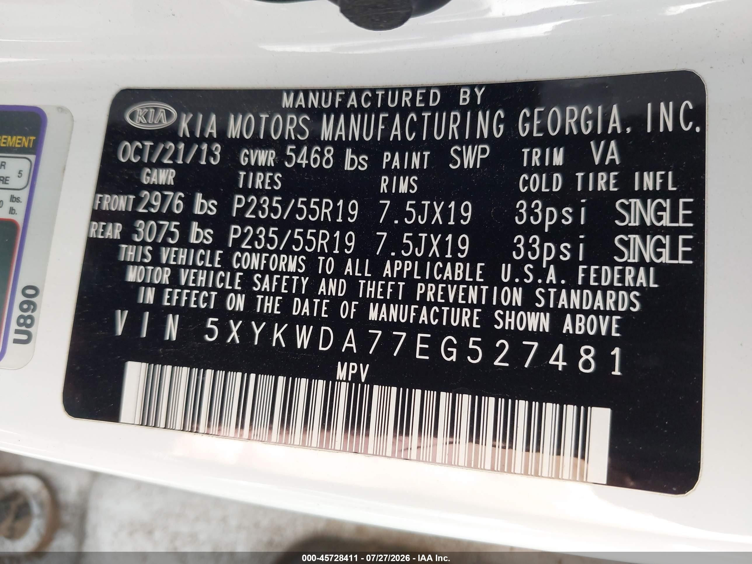 2014 Kia Sorento Sx V6 White vin: 5XYKWDA77EG527481