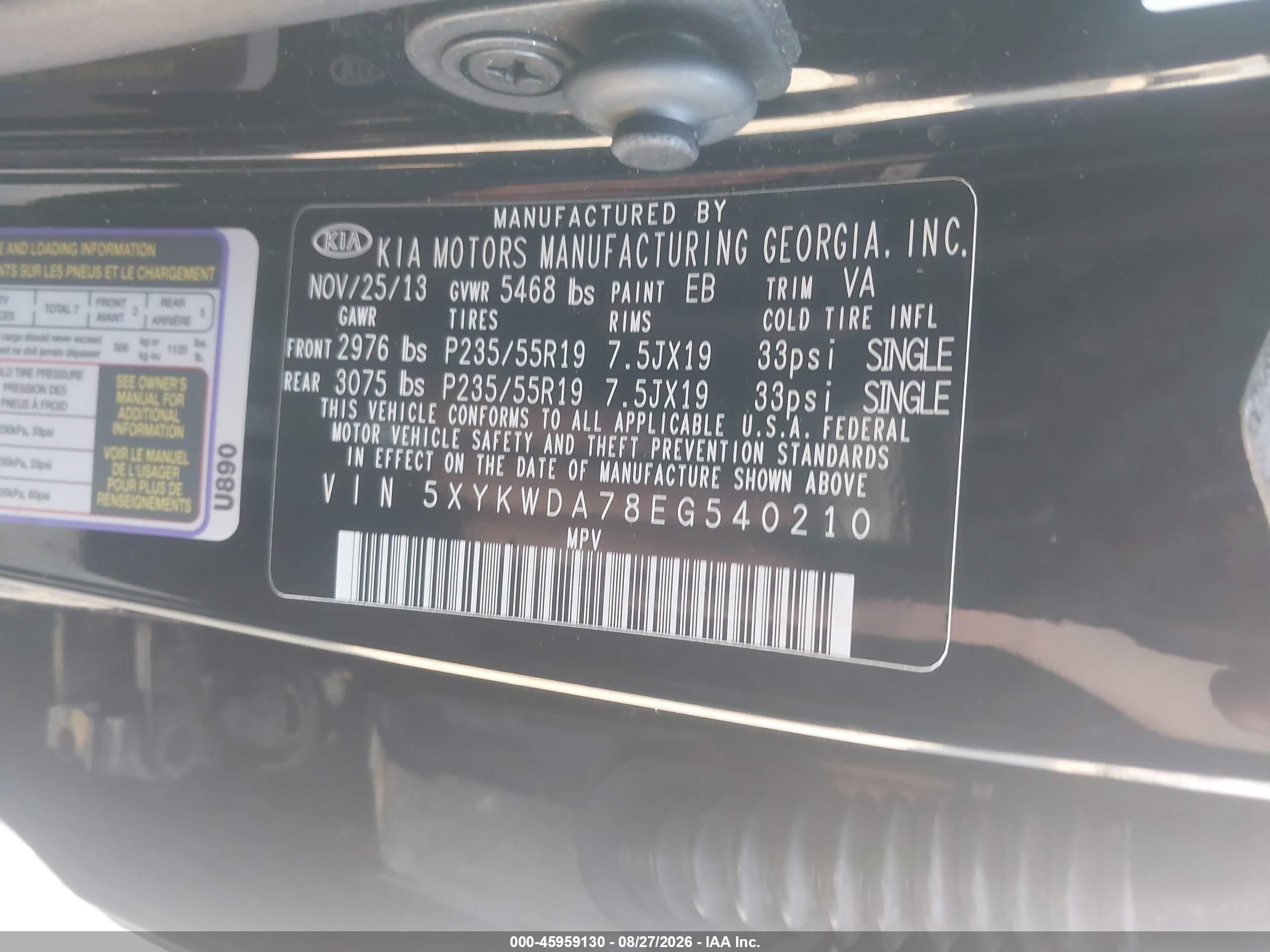 2014 Kia Sorento Sx V6 Black vin: 5XYKWDA78EG540210