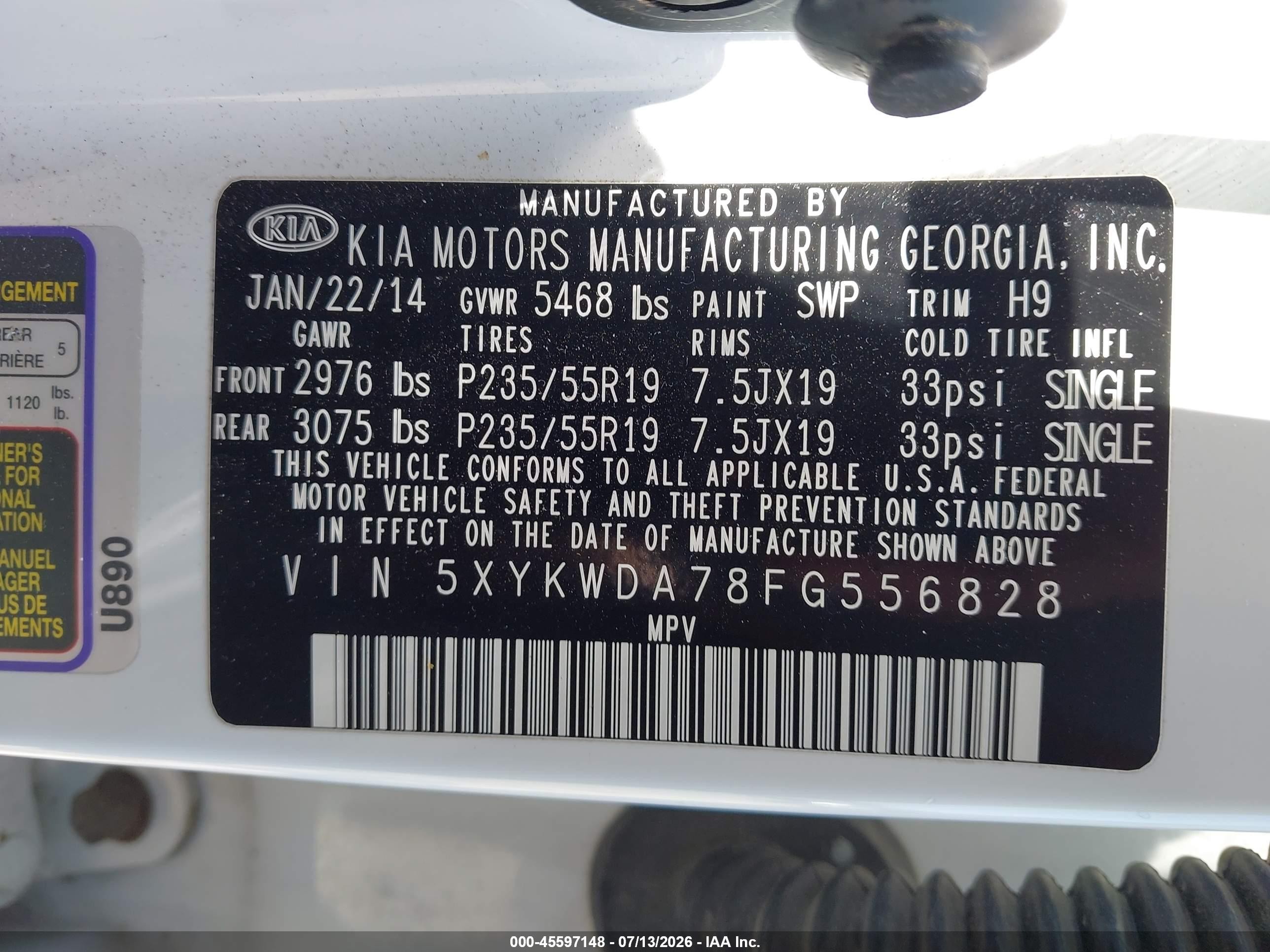 2015 Kia Sorento Sx V6 White vin: 5XYKWDA78FG556828