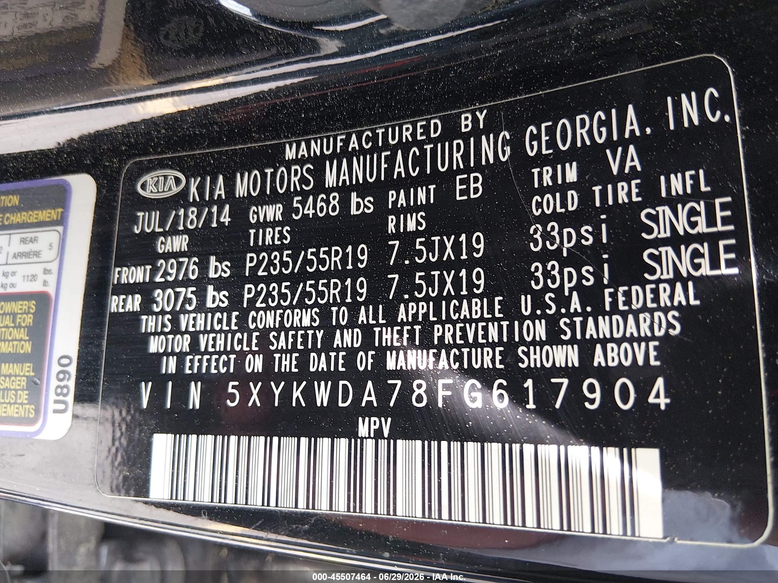 2015 Kia Sorento Sx V6 Black vin: 5XYKWDA78FG617904
