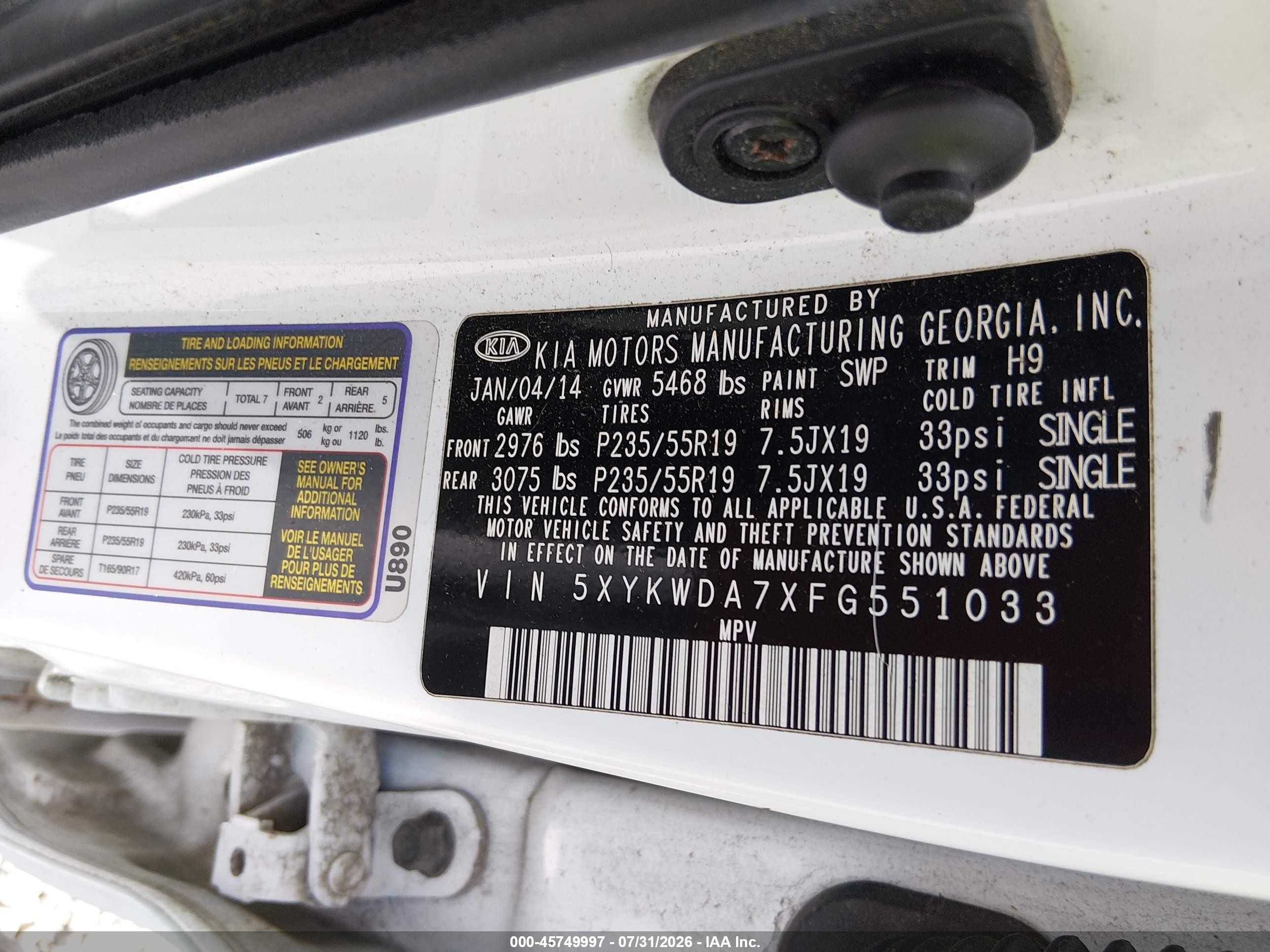2015 Kia Sorento Sx V6 White vin: 5XYKWDA7XFG551033