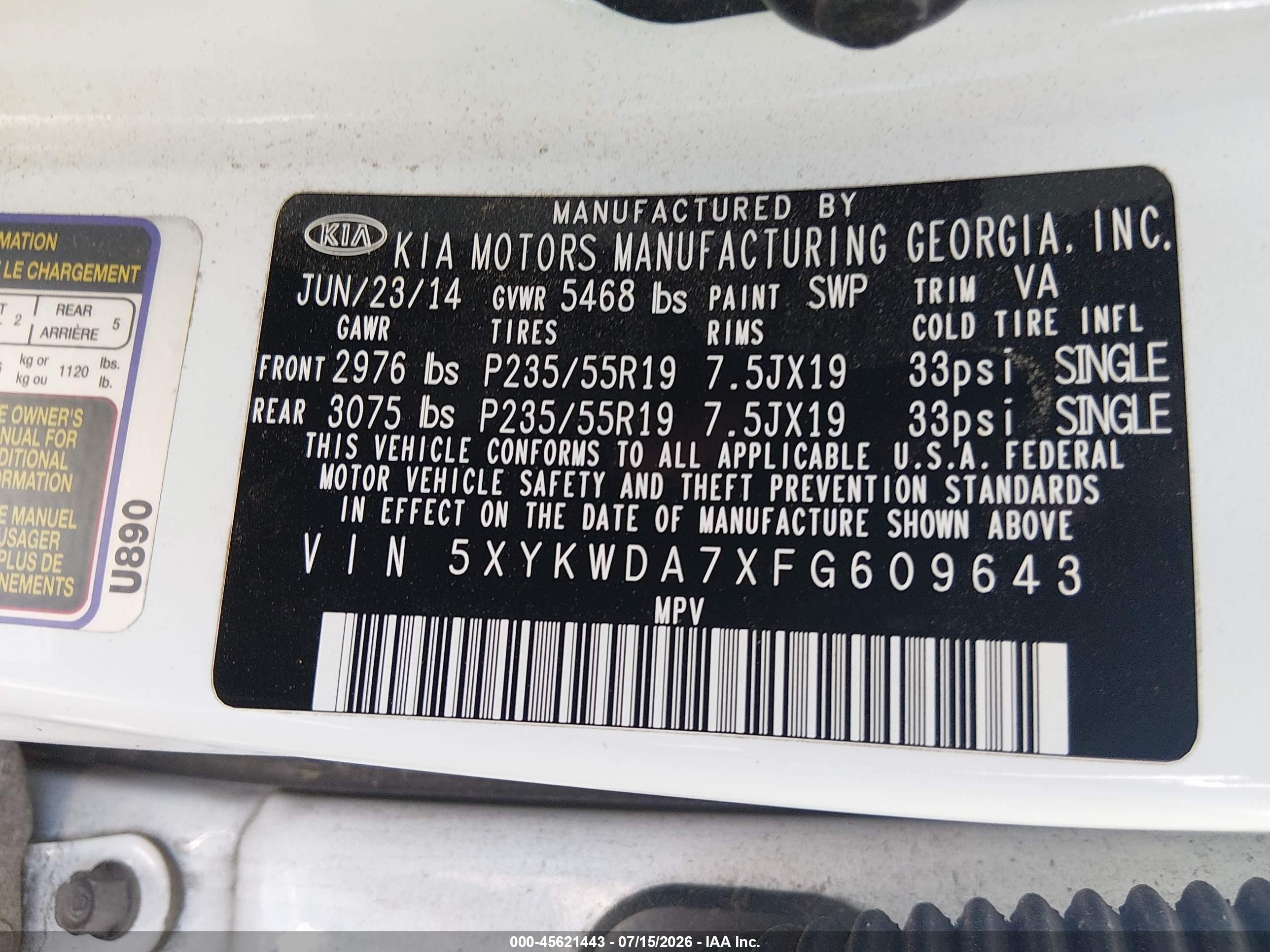 2015 Kia Sorento Limited V6 White vin: 5XYKWDA7XFG609643