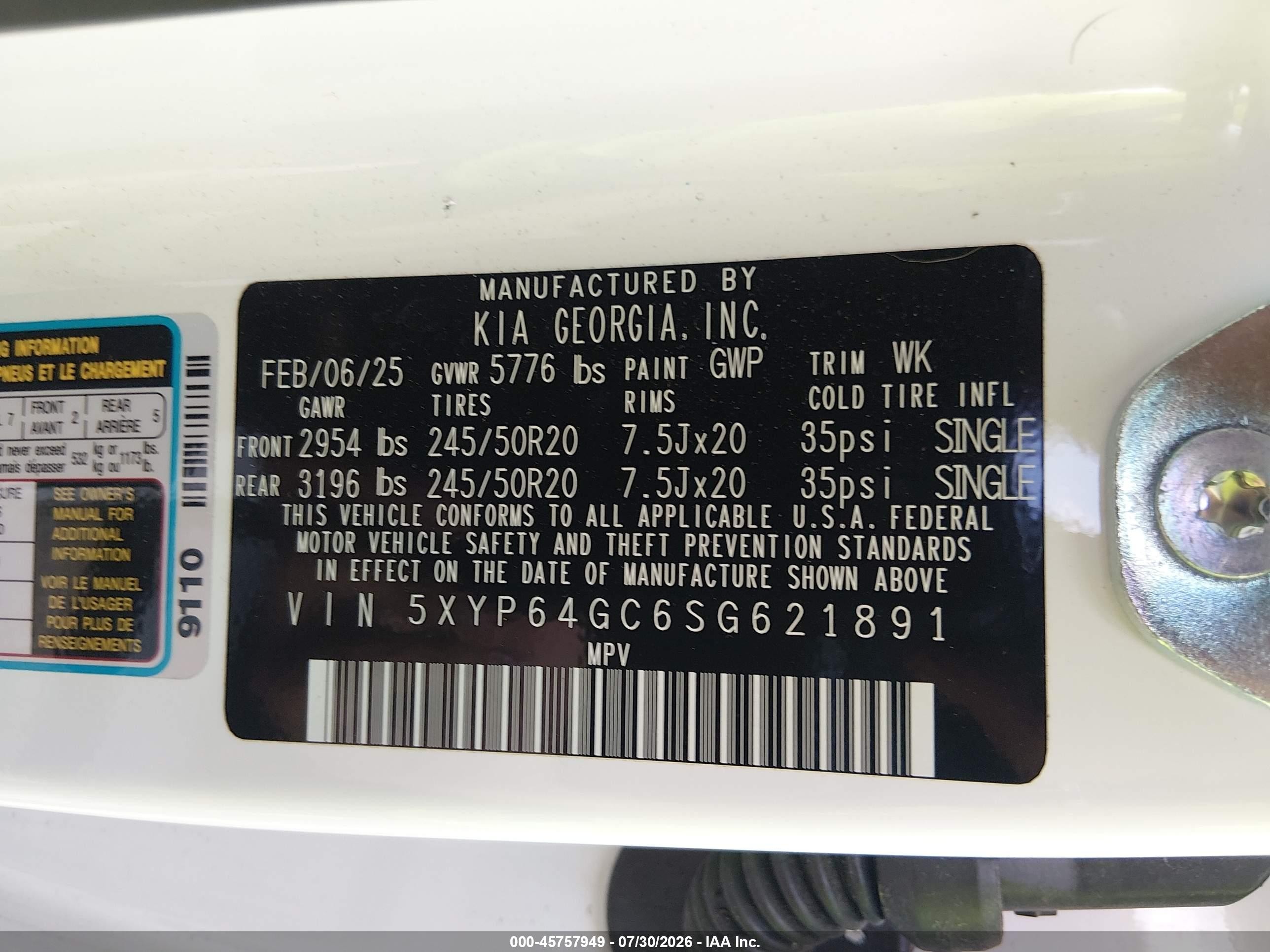 2025 Kia Telluride S White vin: 5XYP64GC6SG621891