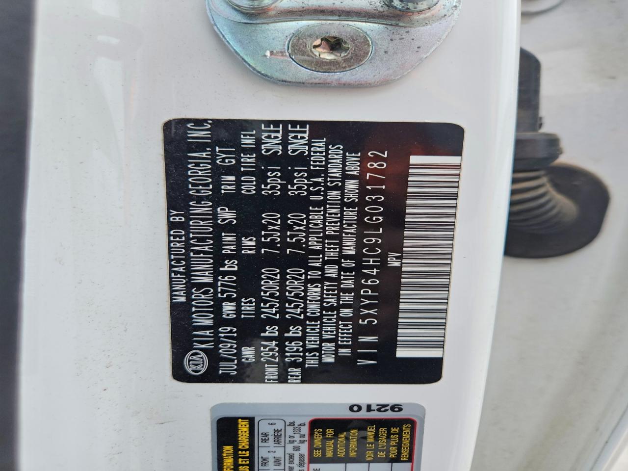 2020 Kia Telluride S White vin: 5XYP64HC9LG031782