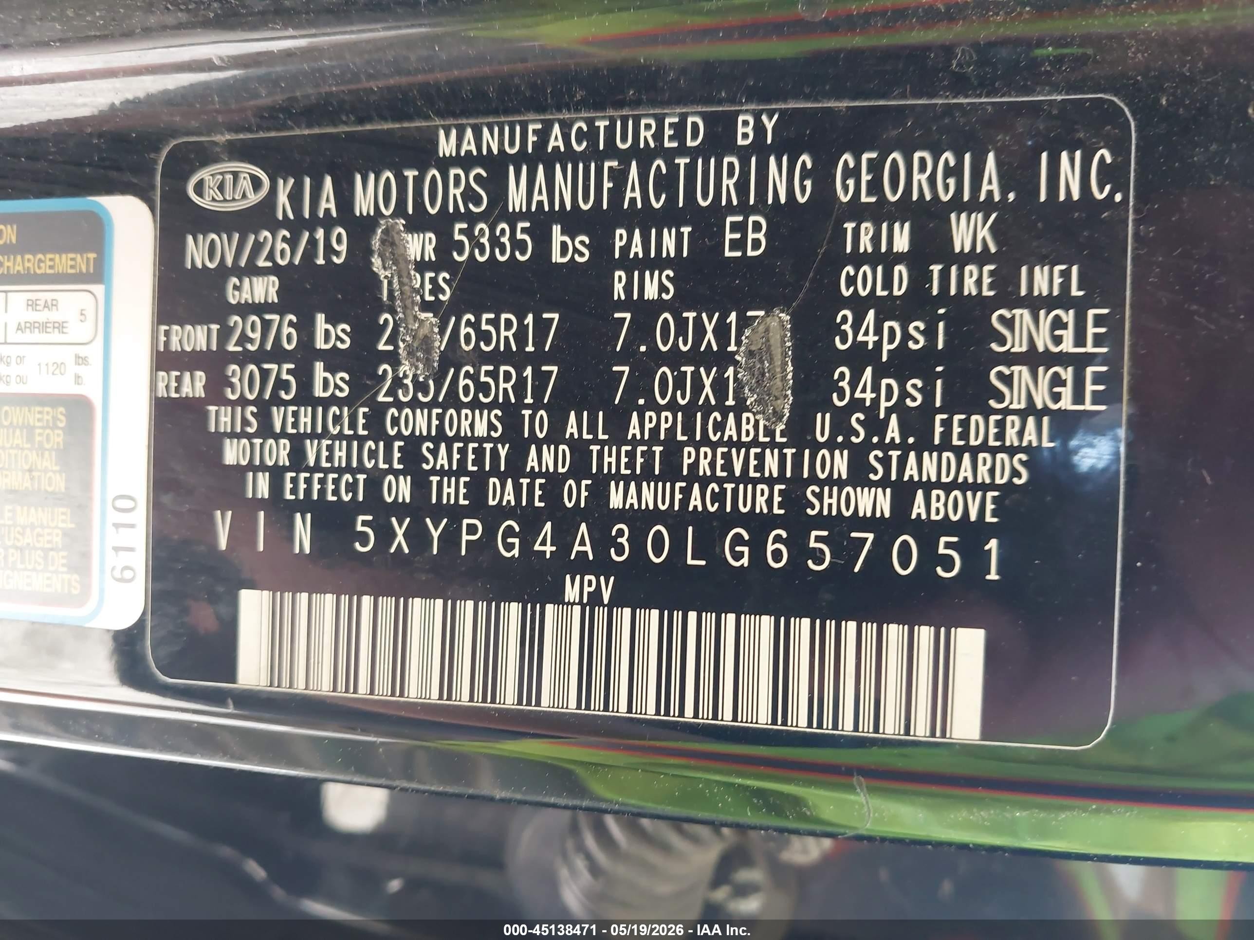 2020 Kia Sorento 2.4l L Черный vin: 5XYPG4A30LG657051