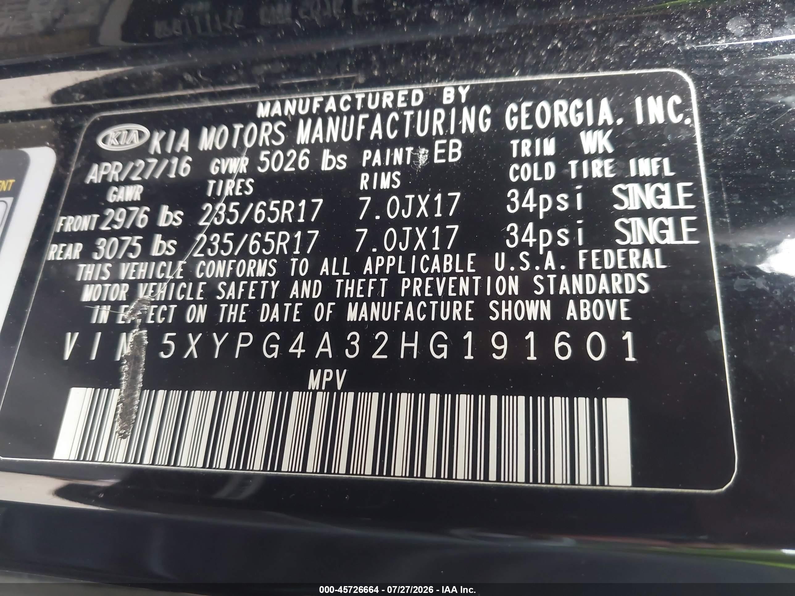 2017 Kia Sorento 2.4l Lx Black vin: 5XYPG4A32HG191601