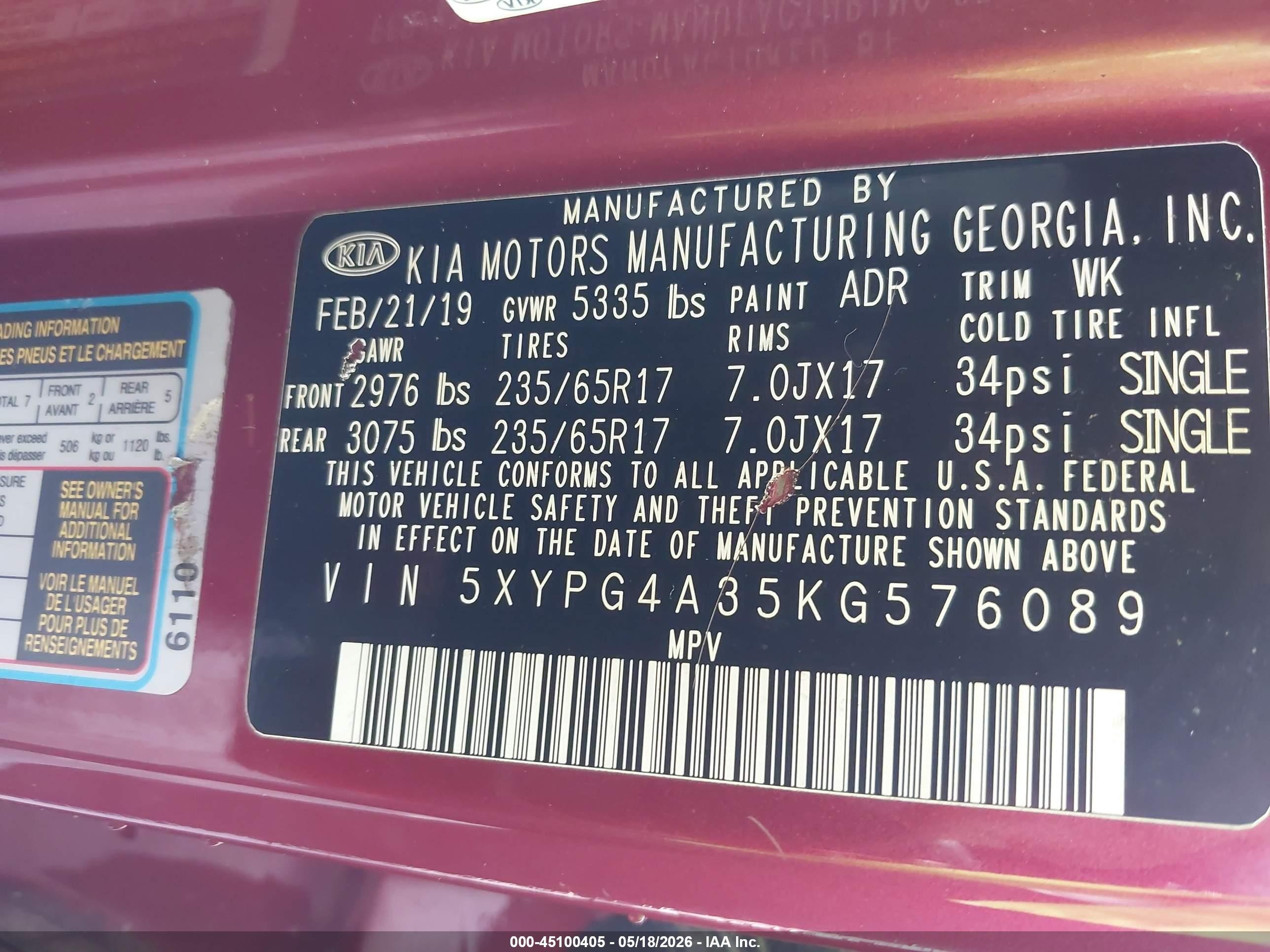 2019 Kia Sorento 2.4l Lx Red vin: 5XYPG4A35KG576089
