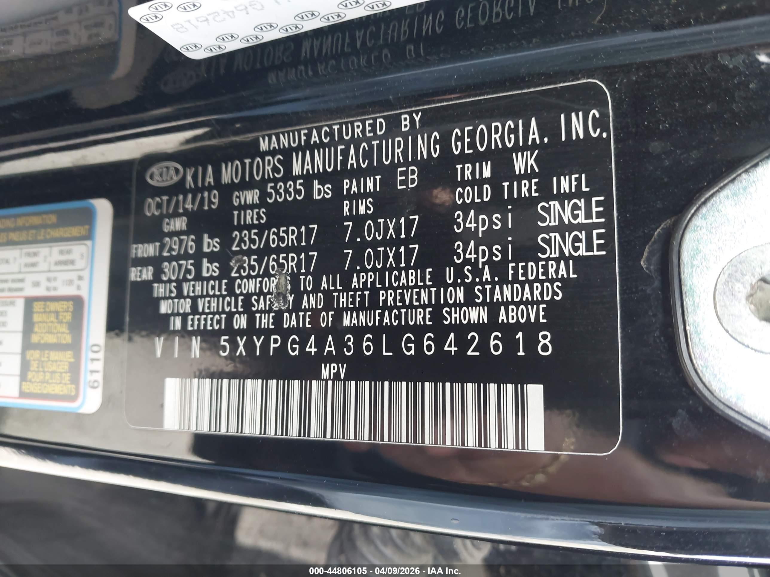 2020 Kia Sorento 2.4l Lx Черный vin: 5XYPG4A36LG642618