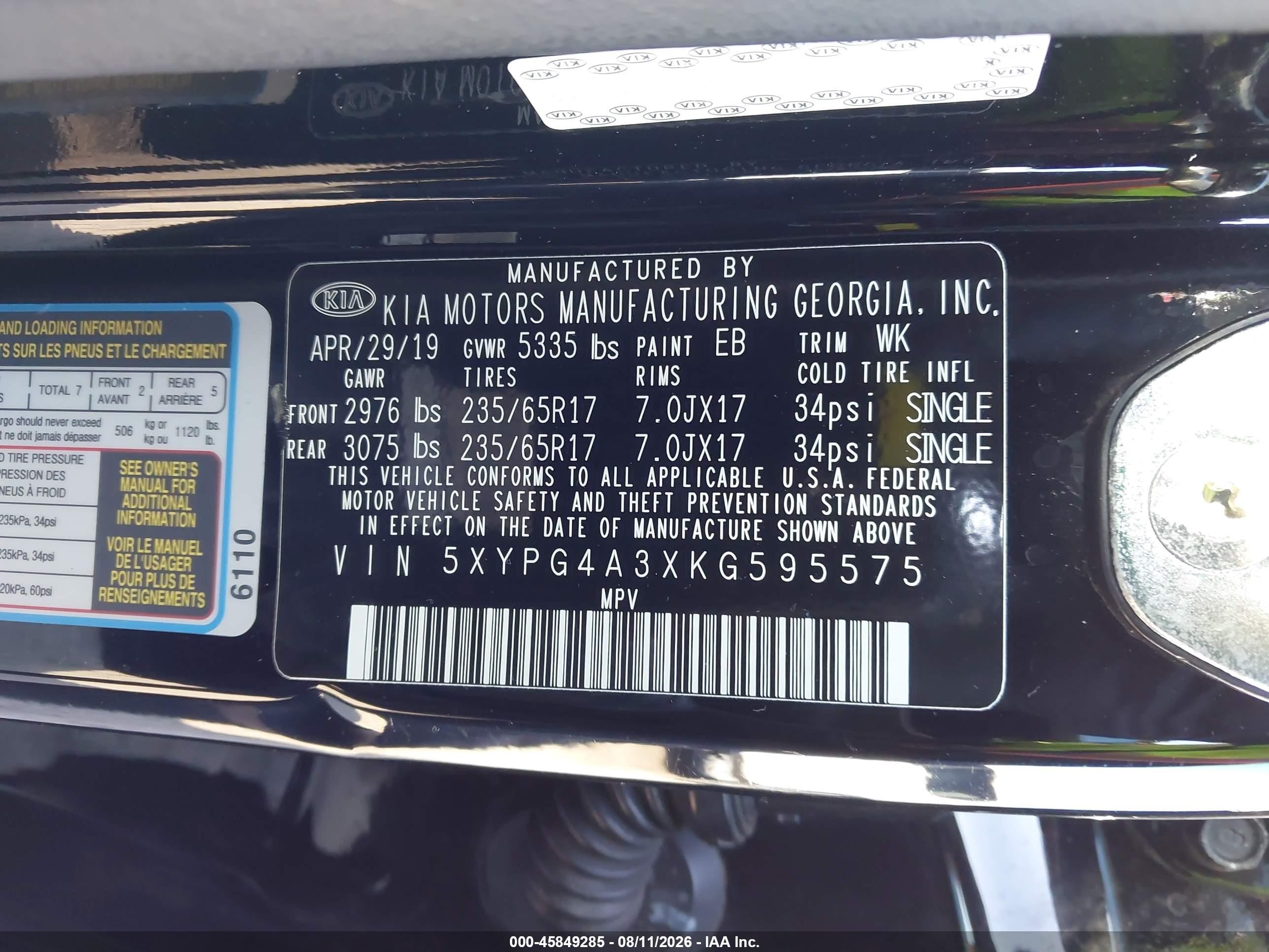 2019 Kia Sorento 2.4l L Black vin: 5XYPG4A3XKG595575
