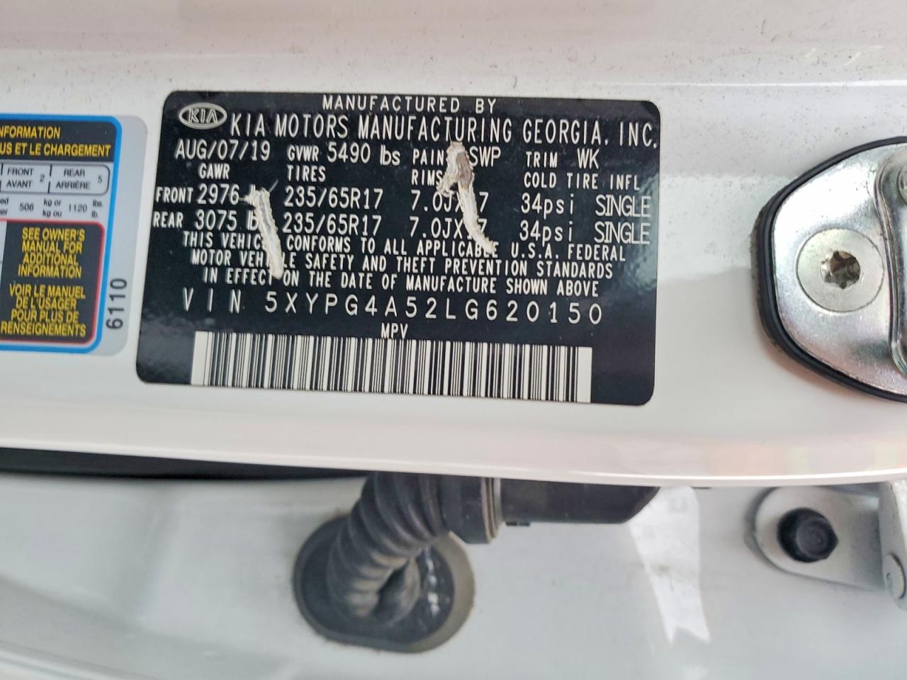 2020 Kia Sorento S White vin: 5XYPG4A52LG620150