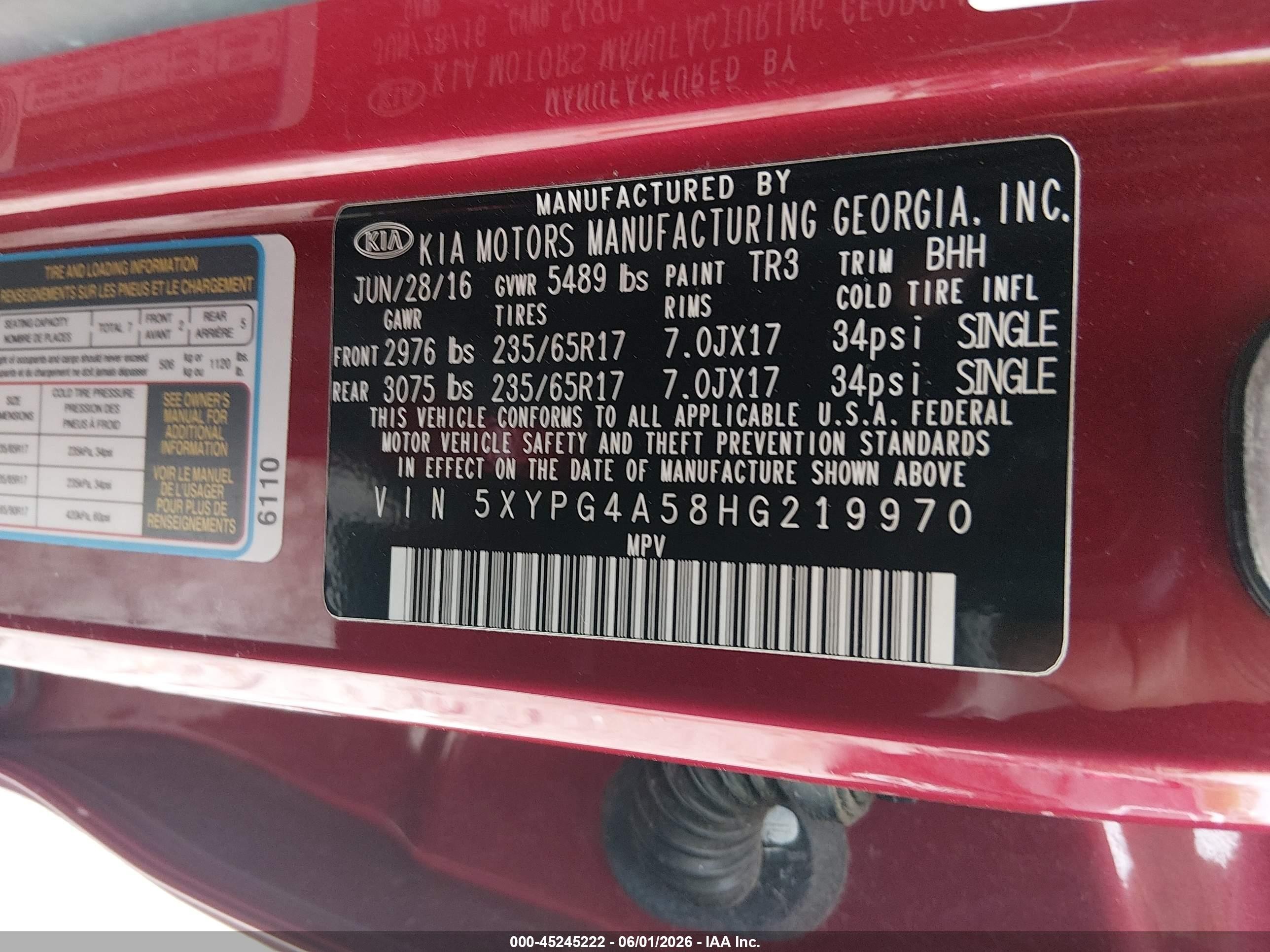 2017 Kia Sorento Lx/l Red vin: 5XYPG4A58HG219970