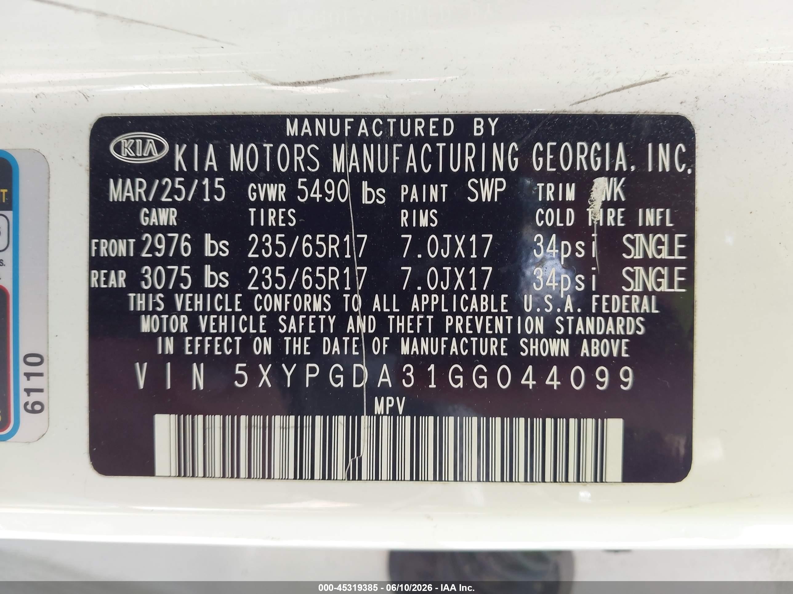 2016 Kia Sorento 2.4l Lx White vin: 5XYPGDA31GG044099