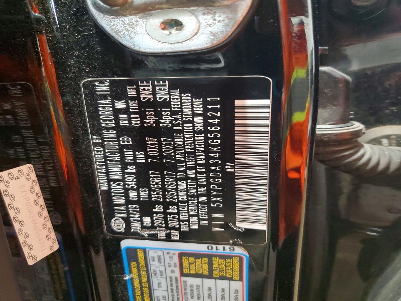 2019 Kia Sorento Lx Черный vin: 5XYPGDA34KG564211
