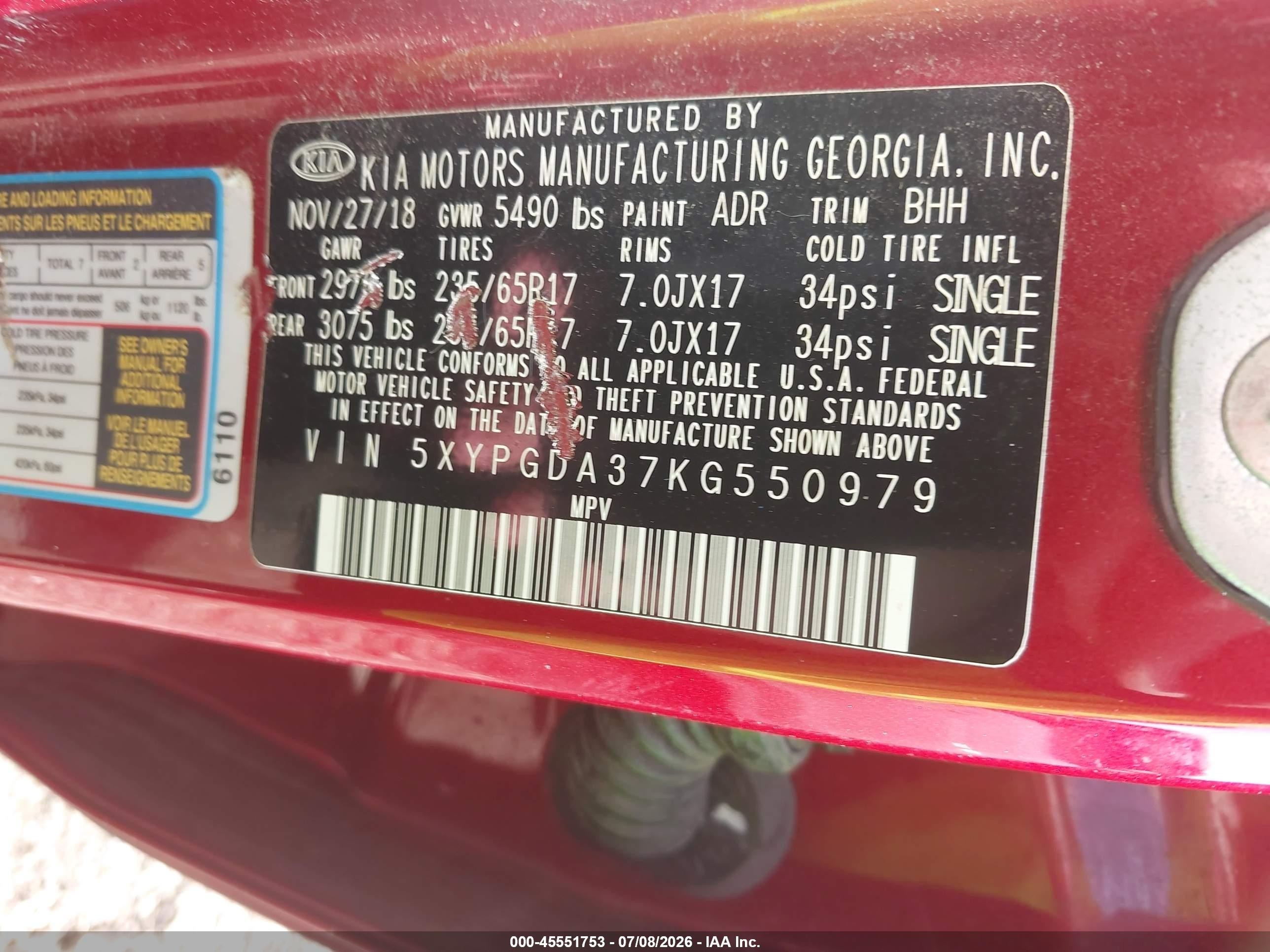 2019 Kia Sorento 2.4l Lx Red vin: 5XYPGDA37KG550979