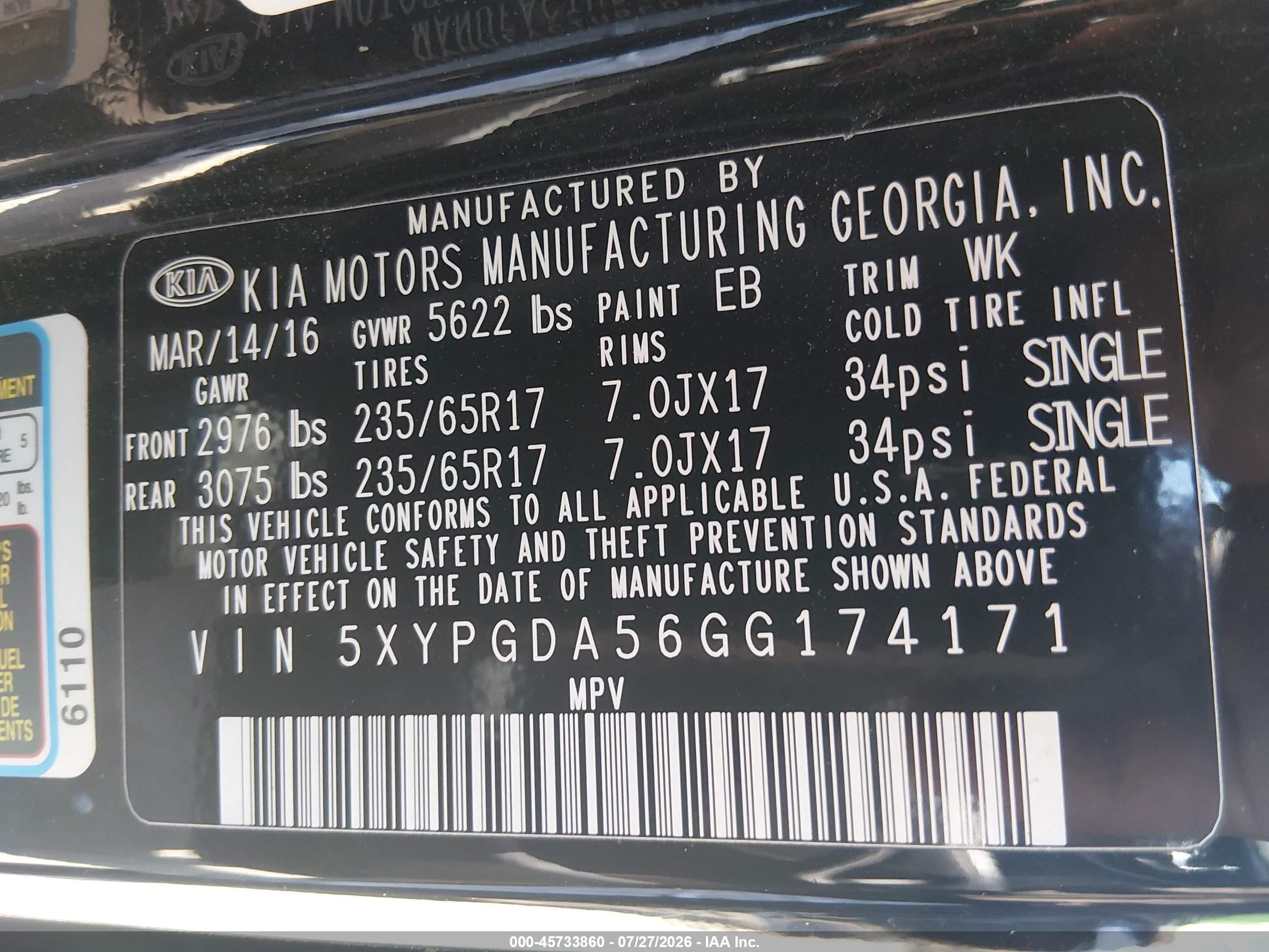 2016 Kia Sorento 3.3l Lx Black vin: 5XYPGDA56GG174171