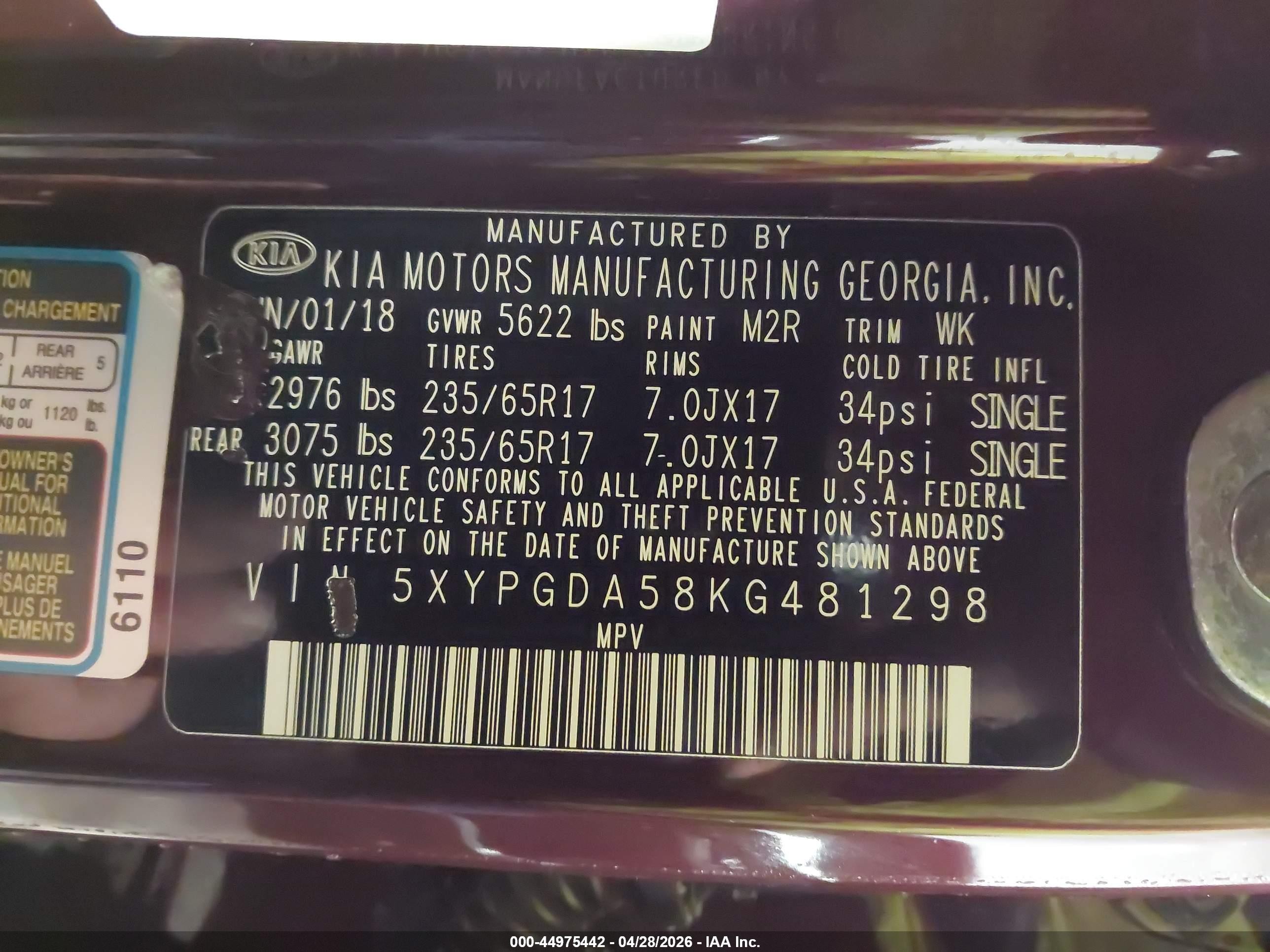 2019 Kia Sorento 3.3l Lx Maroon vin: 5XYPGDA58KG481298