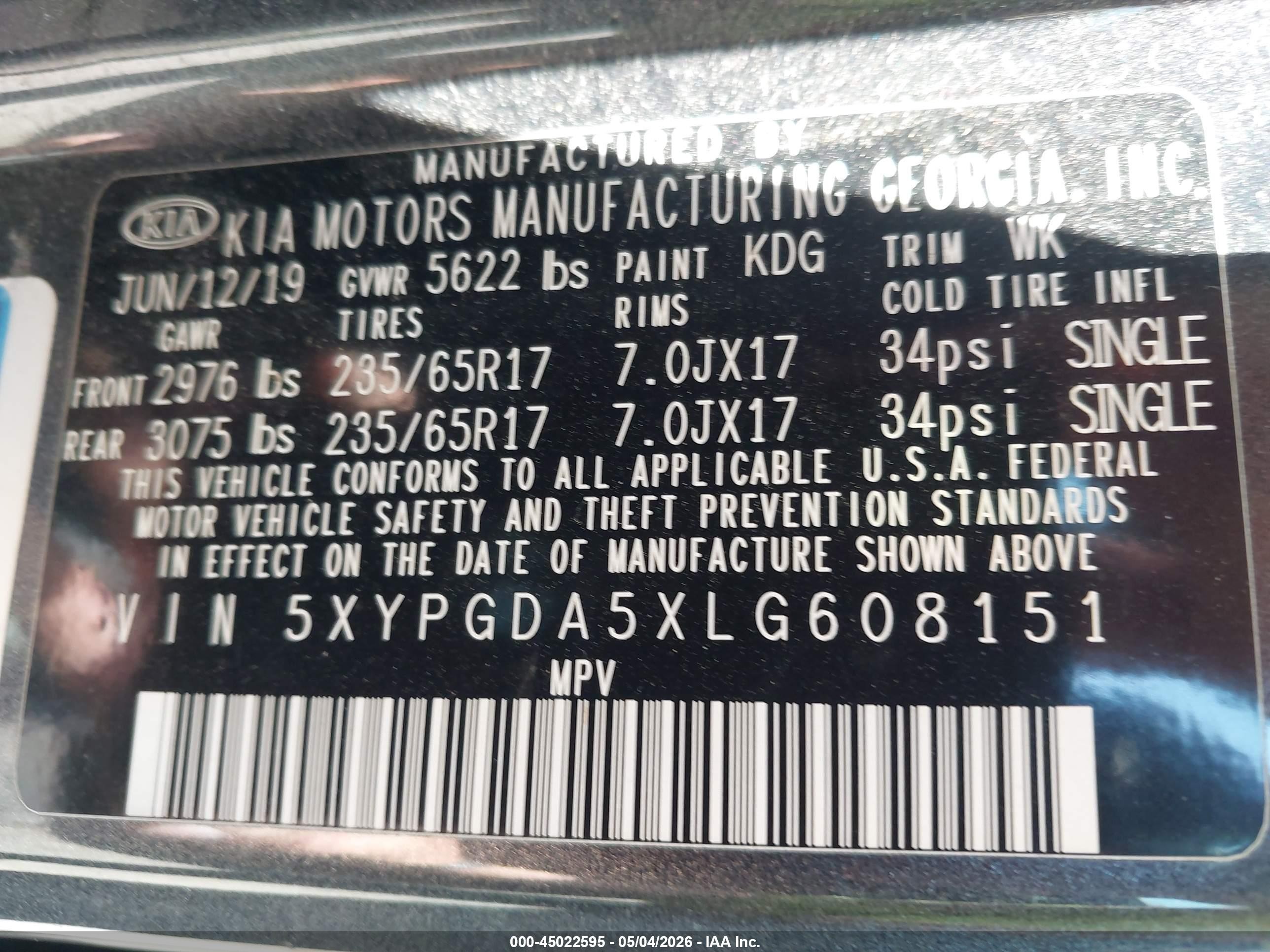 2020 Kia Sorento 3.3l Lx Серый vin: 5XYPGDA5XLG608151