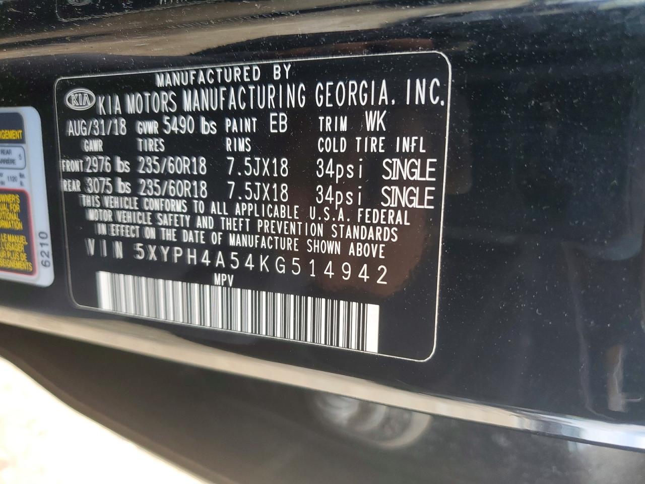 2019 Kia Sorento Ex V6 Black vin: 5XYPH4A54KG514942