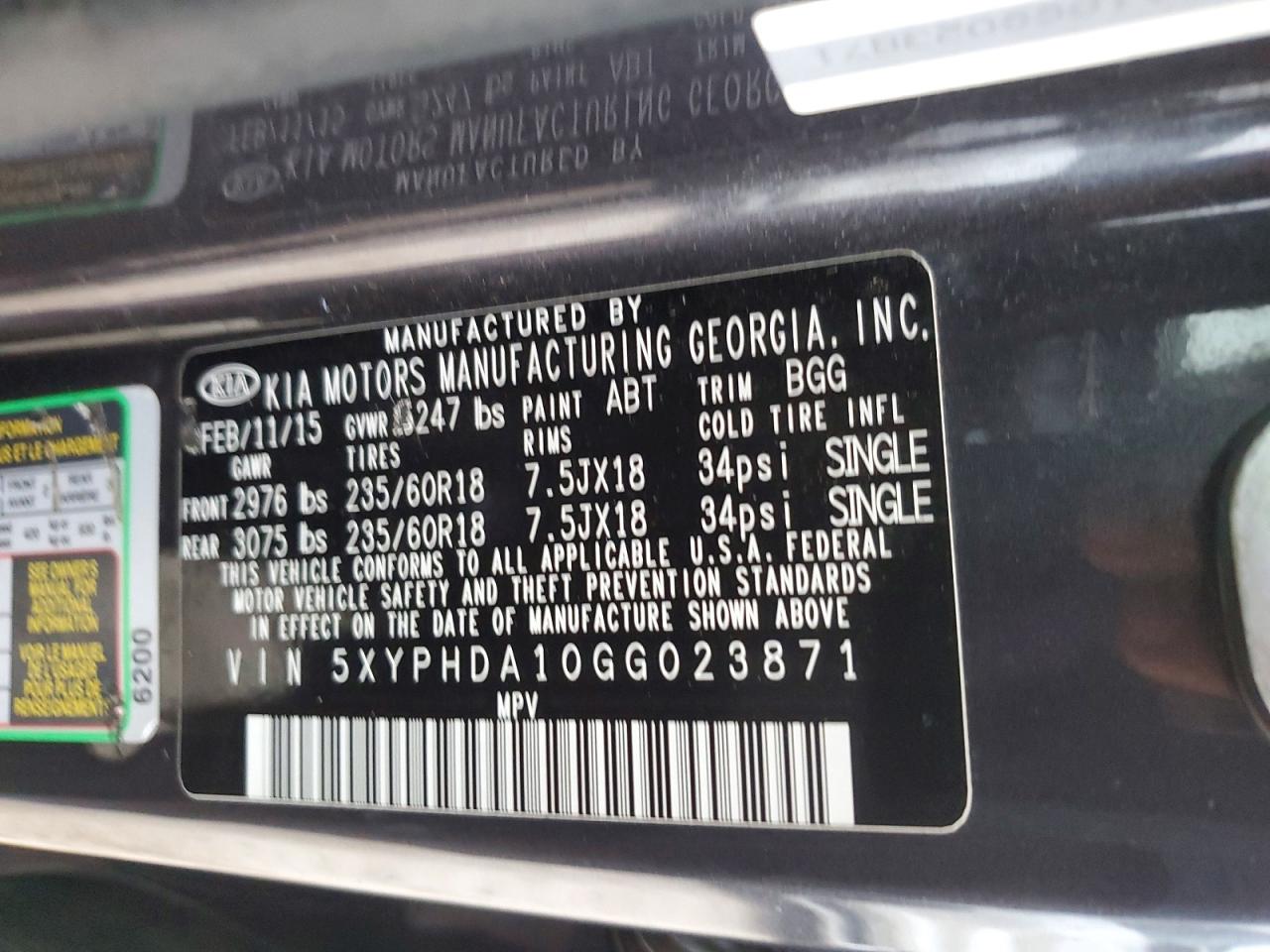 2016 Kia Sorento Ex Black vin: 5XYPHDA10GG023871