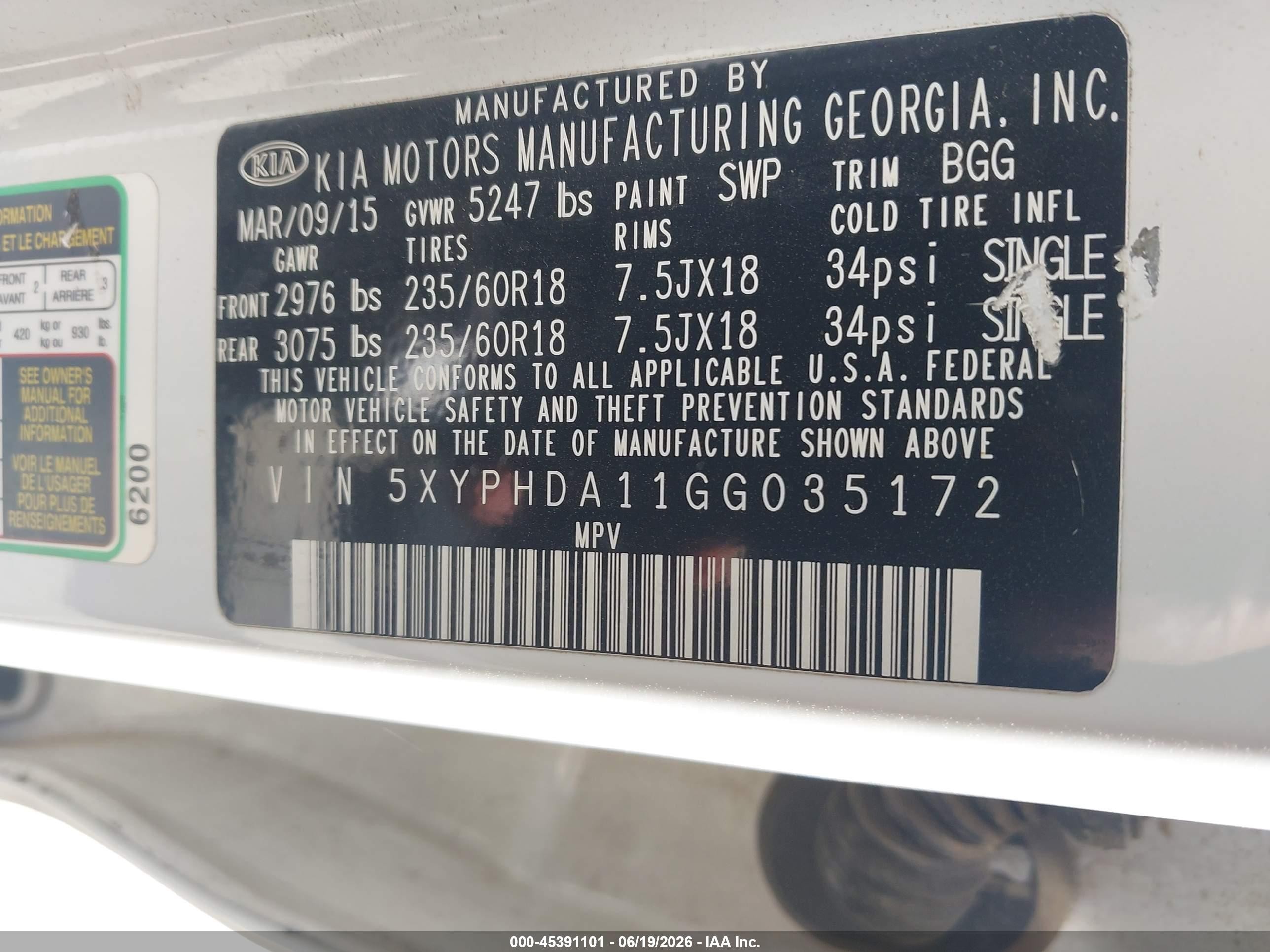 2016 Kia Sorento 2.0t Ex White vin: 5XYPHDA11GG035172