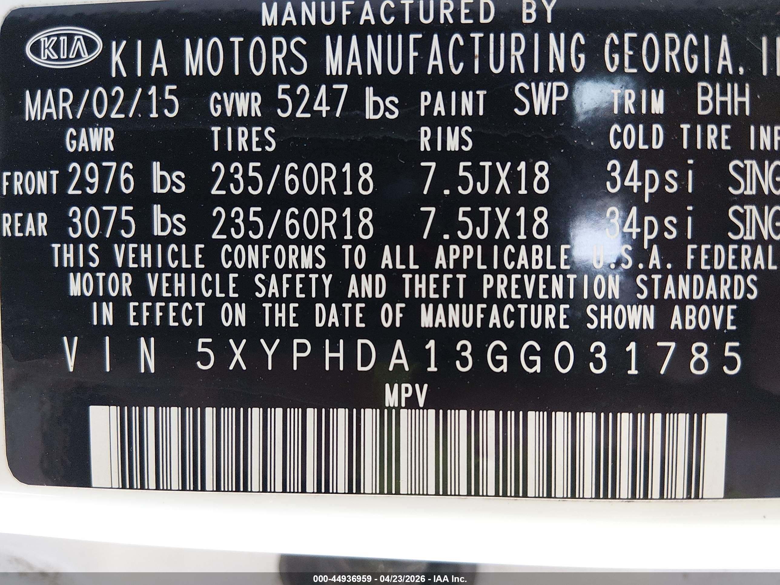 2016 Kia Sorento 2.0t Ex White vin: 5XYPHDA13GG031785