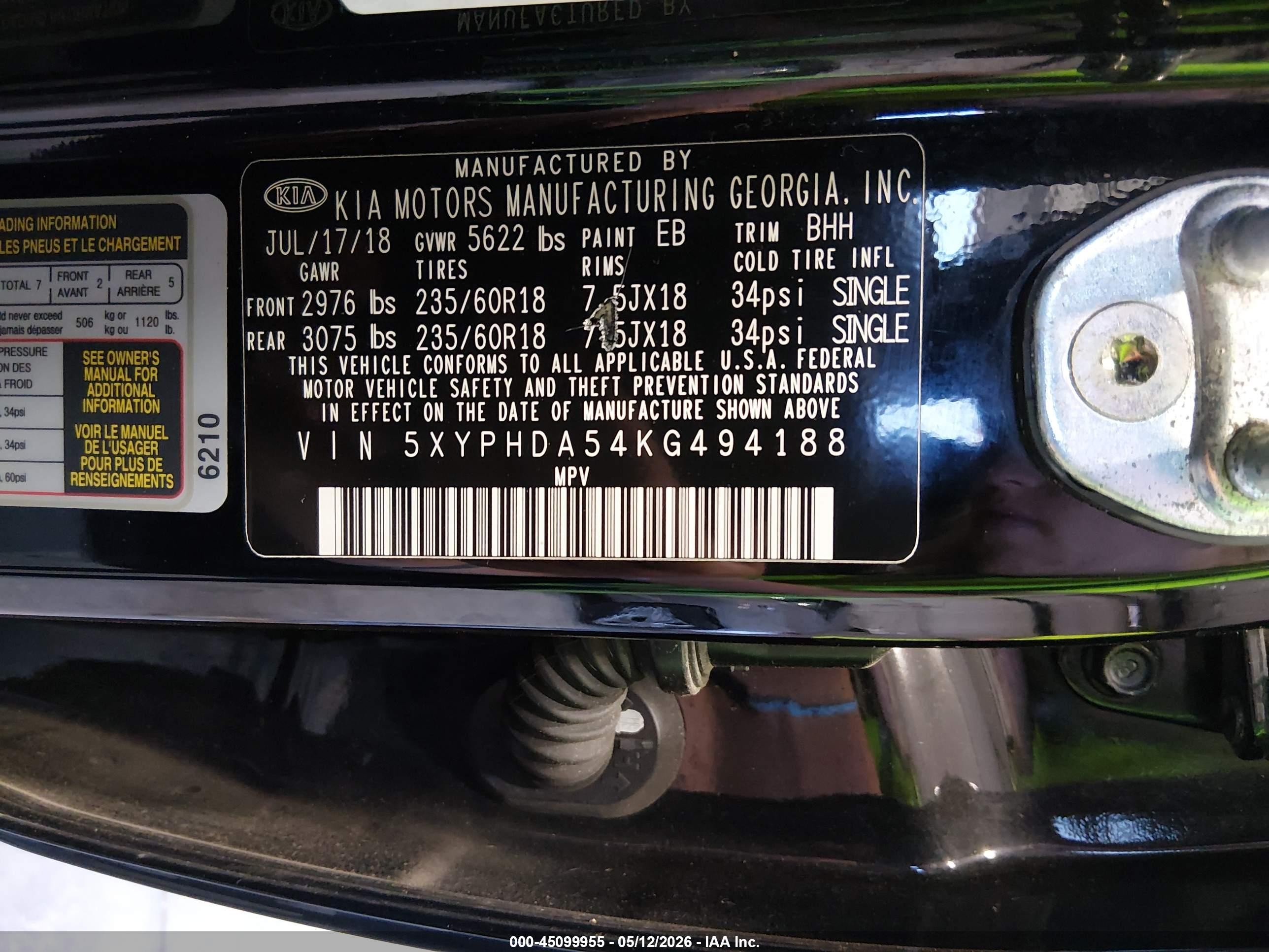 2019 Kia Sorento 3.3l Ex Black vin: 5XYPHDA54KG494188