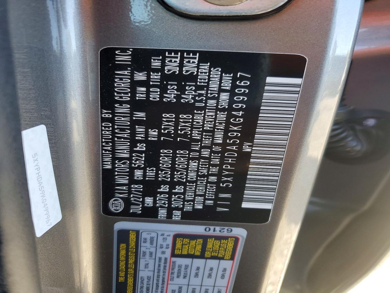 2019 Kia Sorento Ex V6 Gray vin: 5XYPHDA59KG499967
