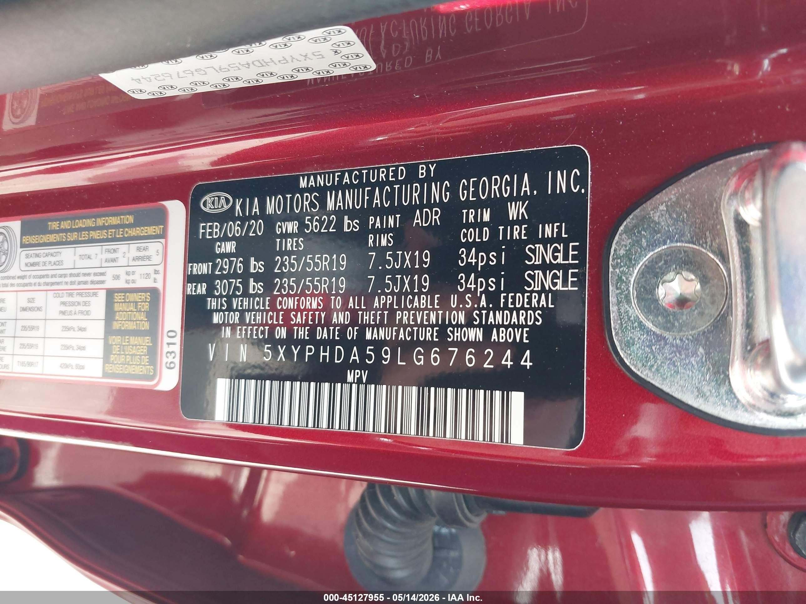 2020 Kia Sorento 3.3l Ex Red vin: 5XYPHDA59LG676244