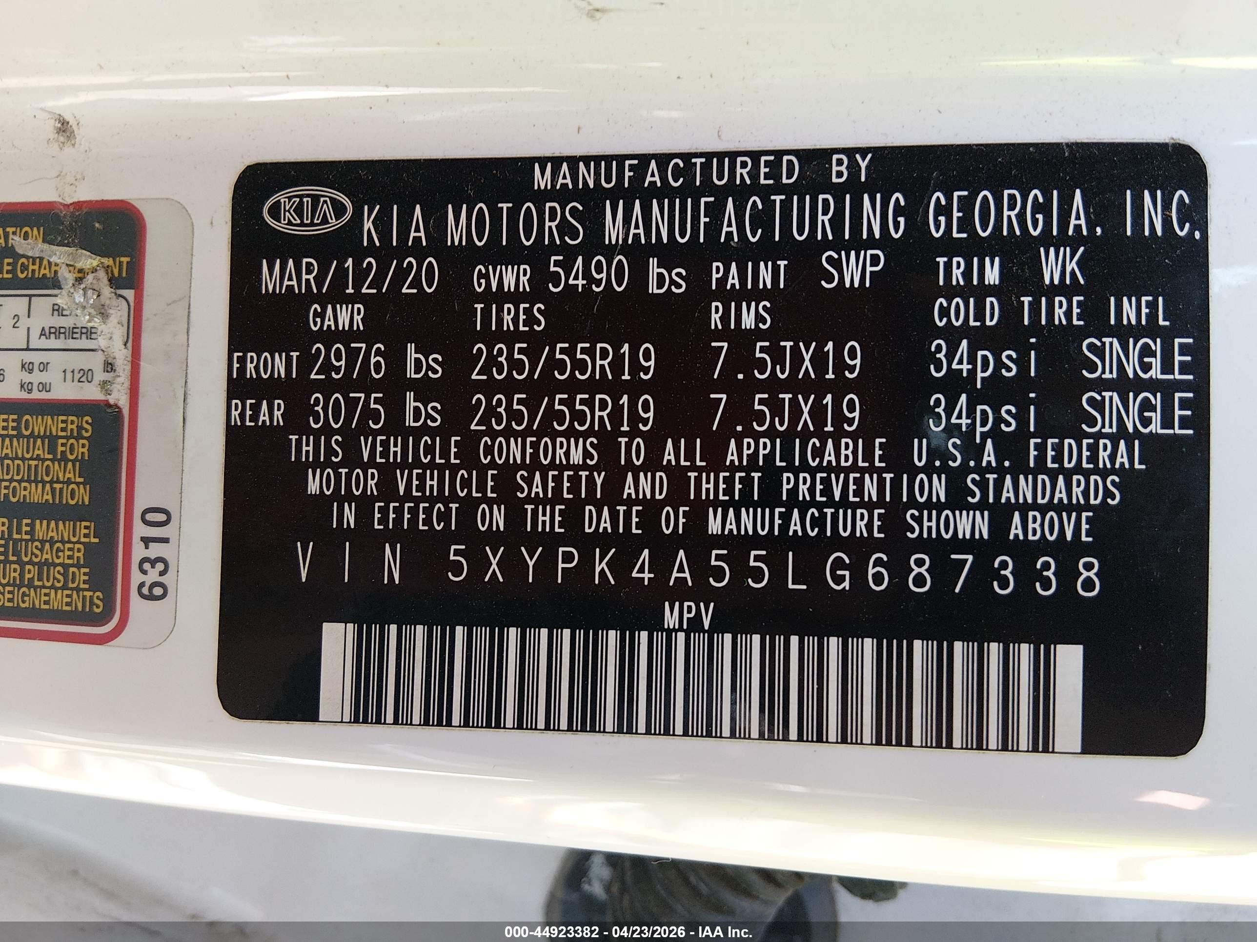 2020 Kia Sorento 3.3l Sx White vin: 5XYPK4A55LG687338