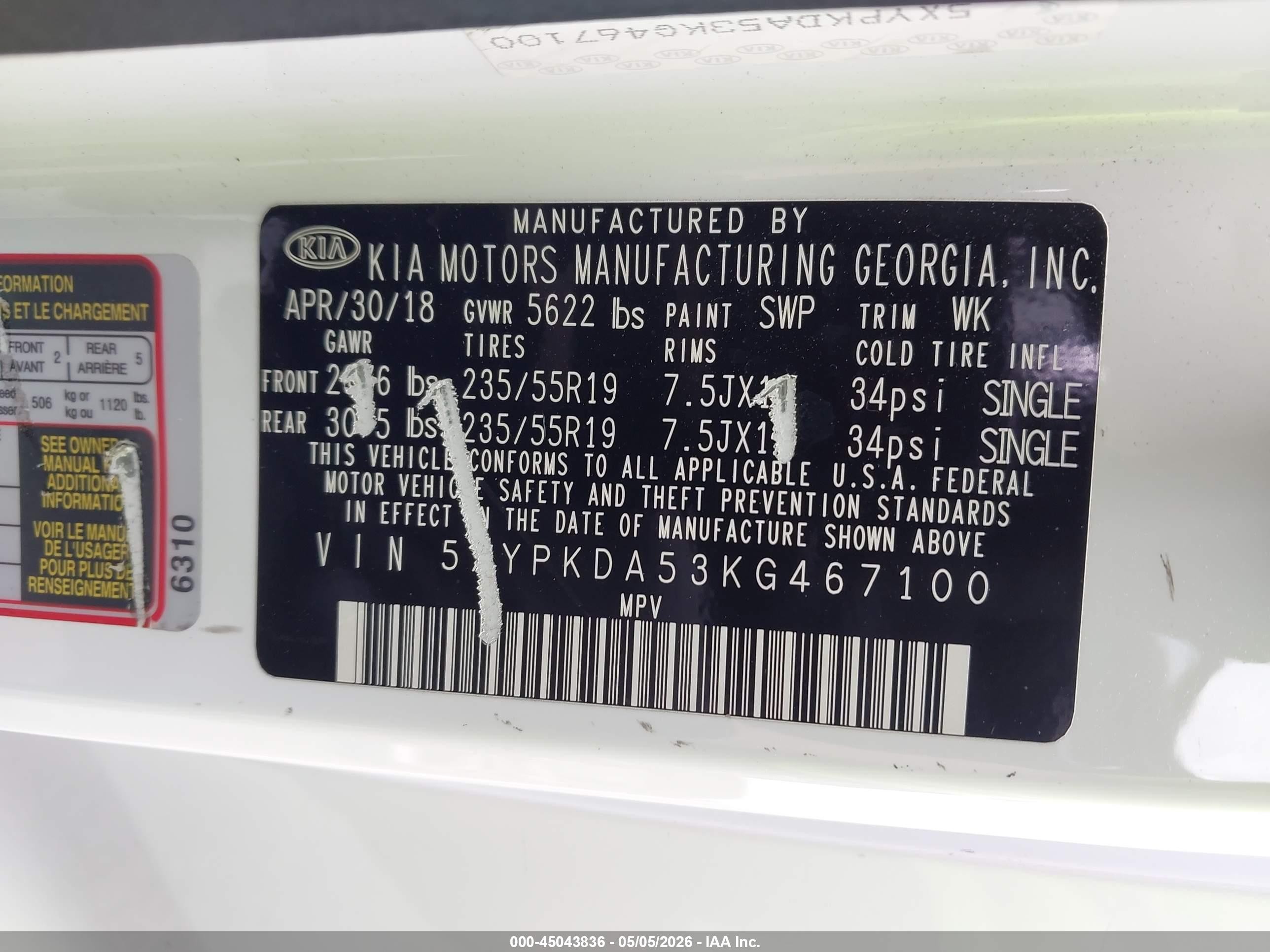 2019 Kia Sorento 3.3l Sx White vin: 5XYPKDA53KG467100