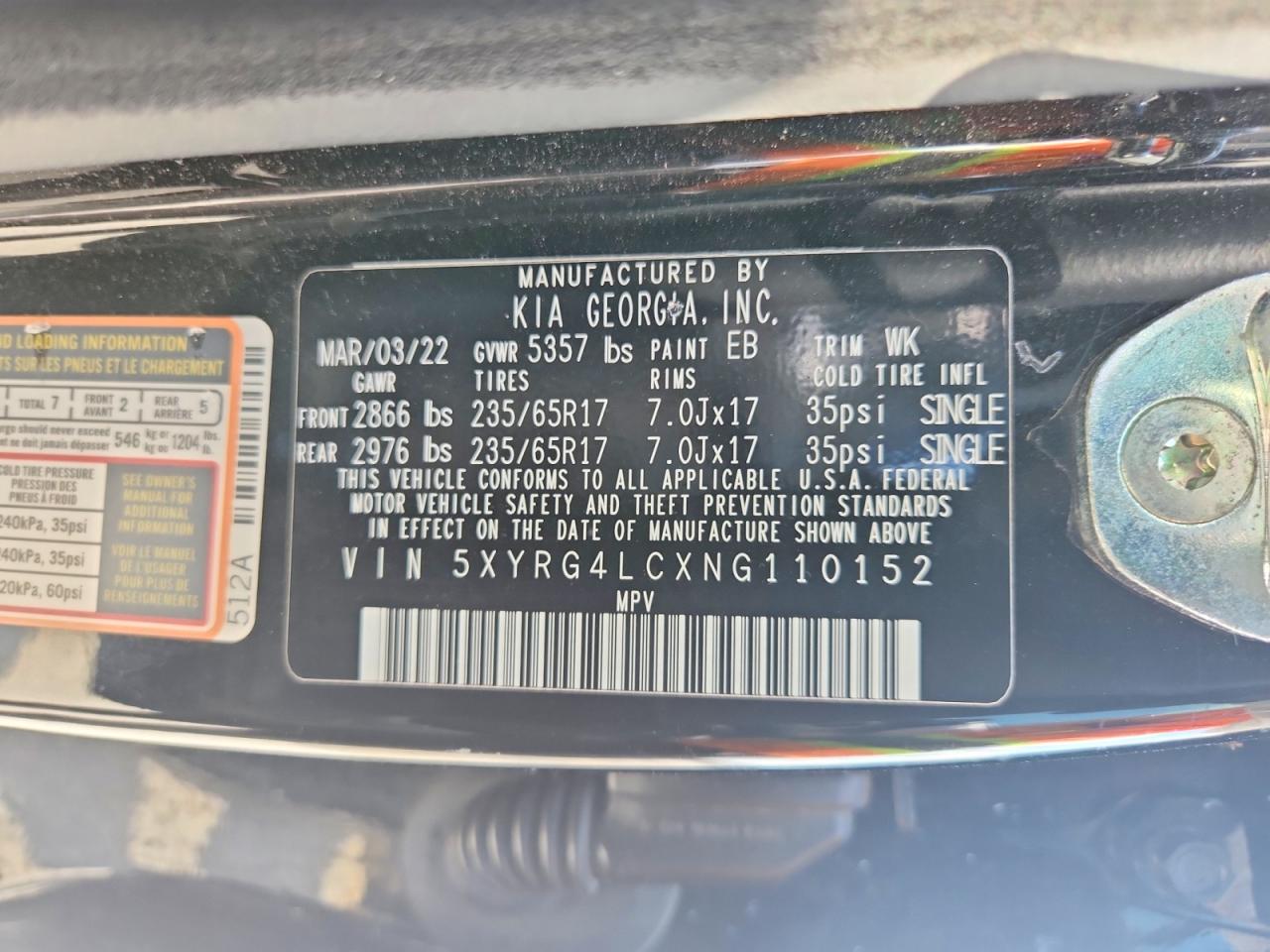 2022 Kia Sorento Lx Black vin: 5XYRG4LCXNG110152