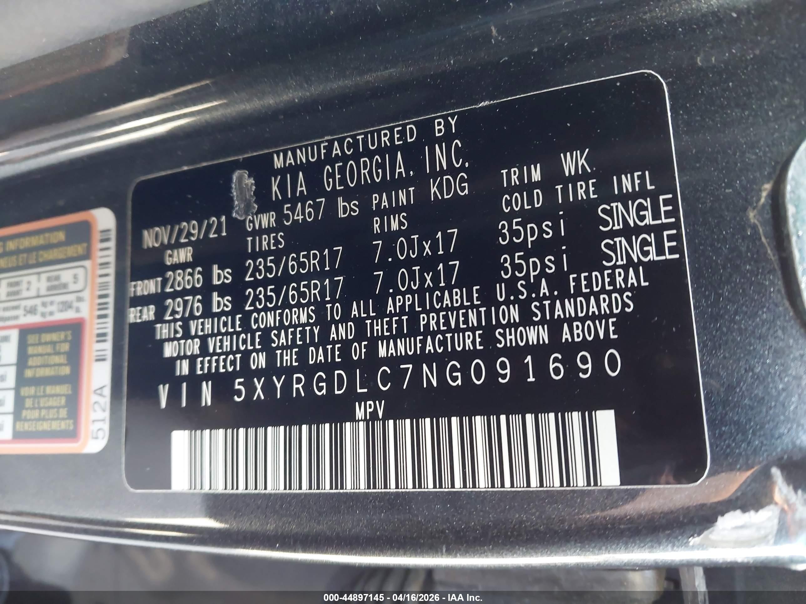 2022 Kia Sorento Lx Black vin: 5XYRGDLC7NG091690