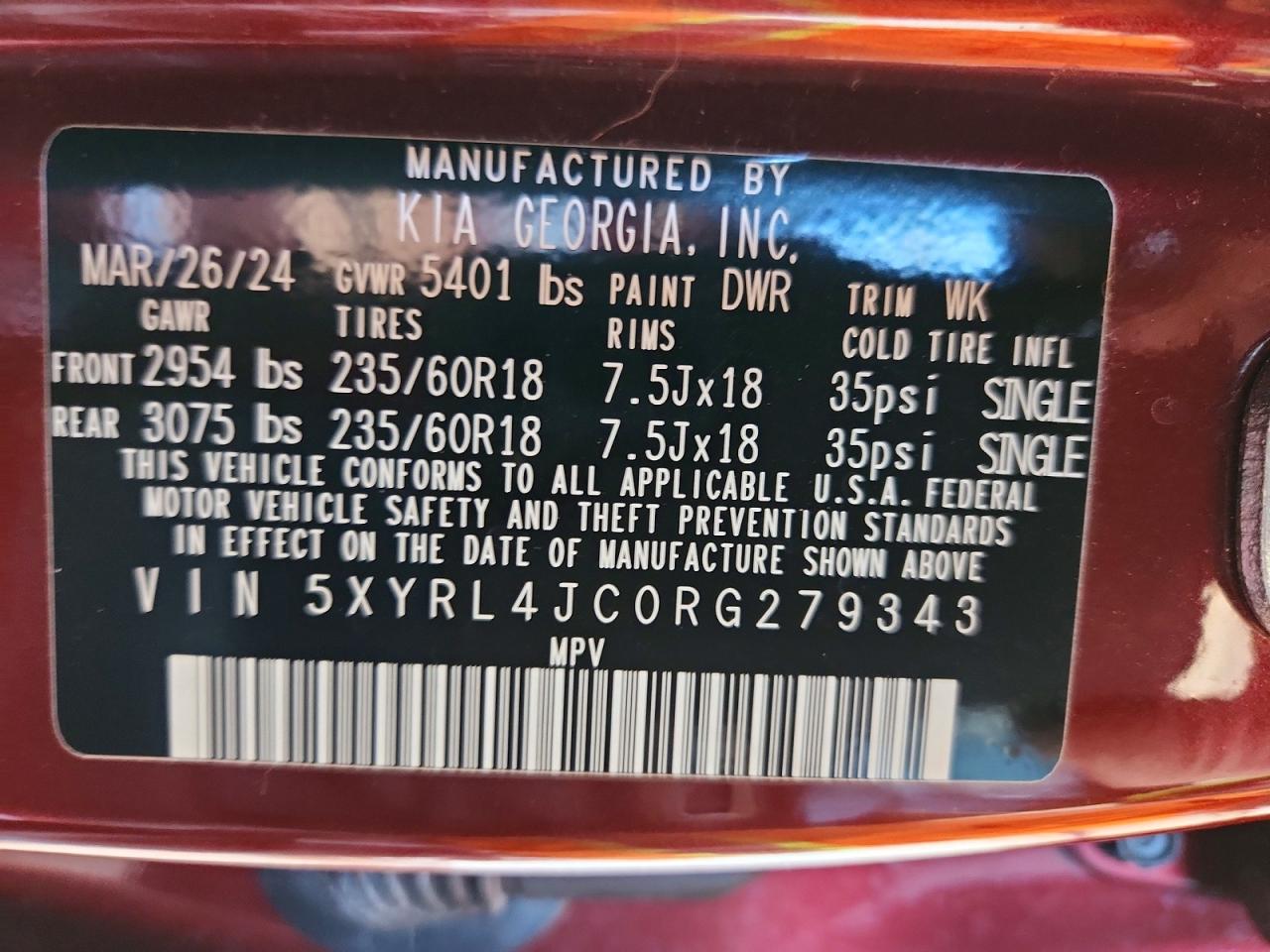 2024 Kia Sorento S Burgundy vin: 5XYRL4JC0RG279343
