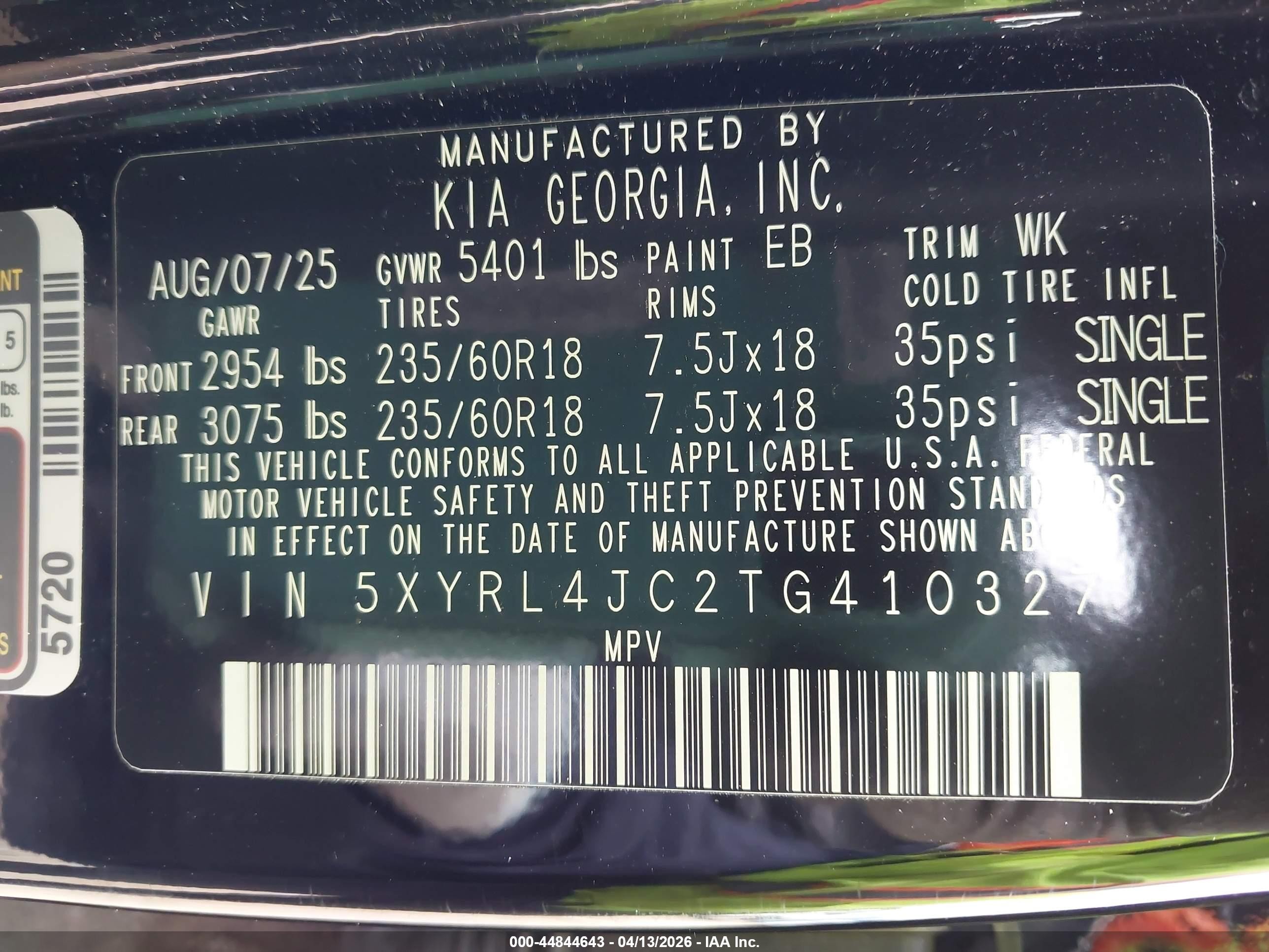 2026 Kia Sorento S Black vin: 5XYRL4JC2TG410327