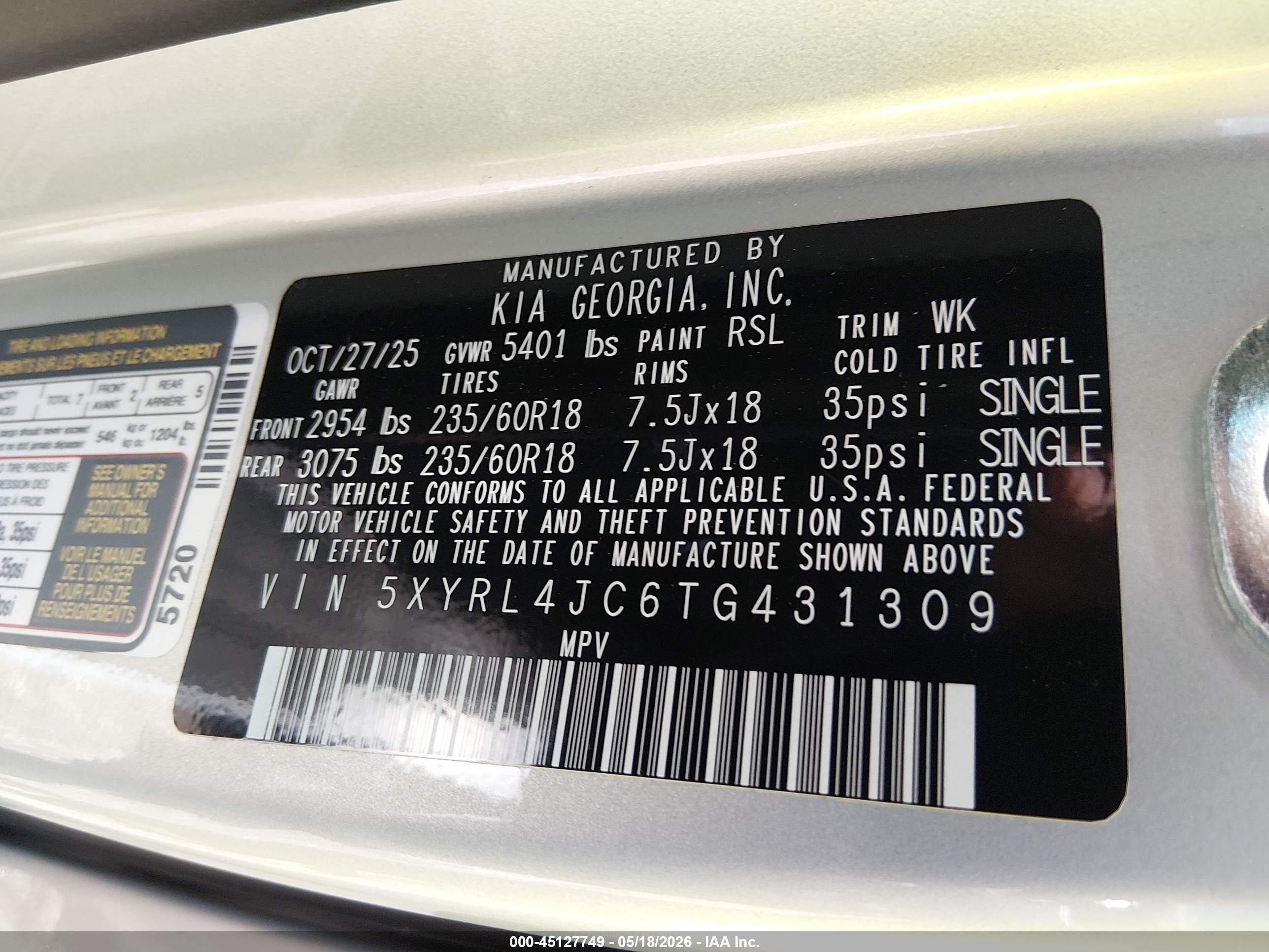2026 Kia Sorento S Silver vin: 5XYRL4JC6TG431309