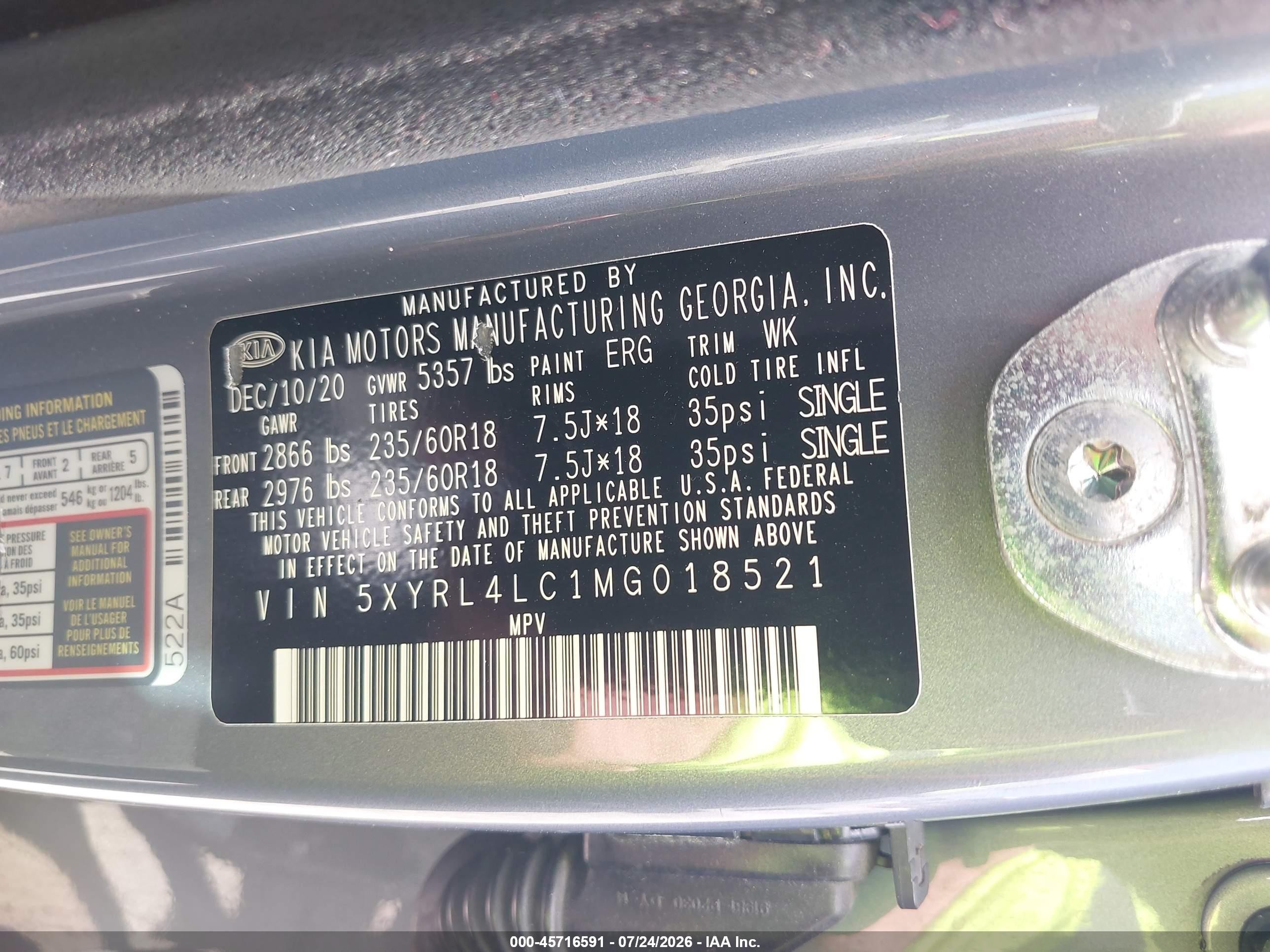 2021 Kia Sorento S Gray vin: 5XYRL4LC1MG018521