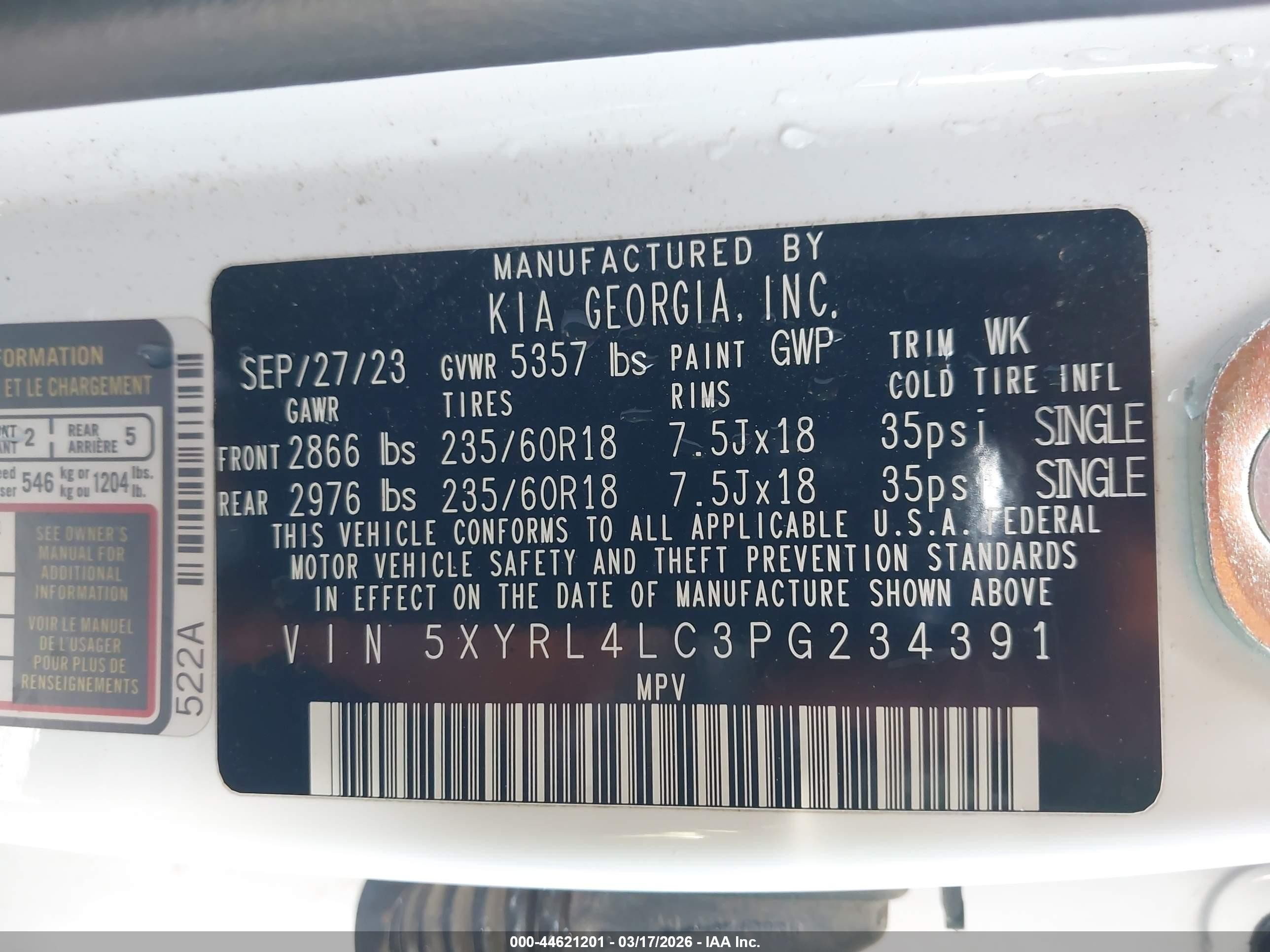 2023 Kia Sorento S White vin: 5XYRL4LC3PG234391