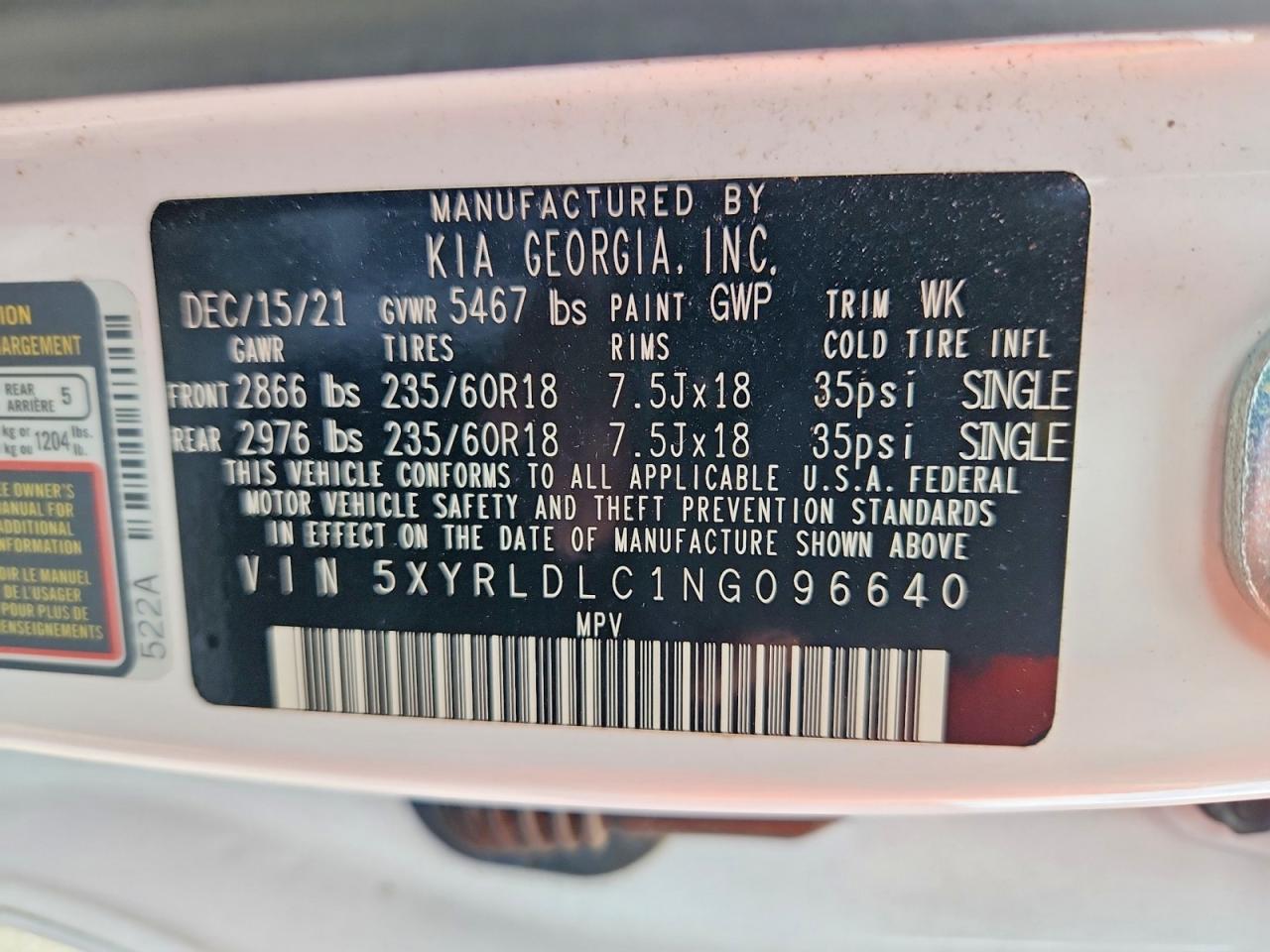 2022 Kia Sorento S White vin: 5XYRLDLC1NG096640