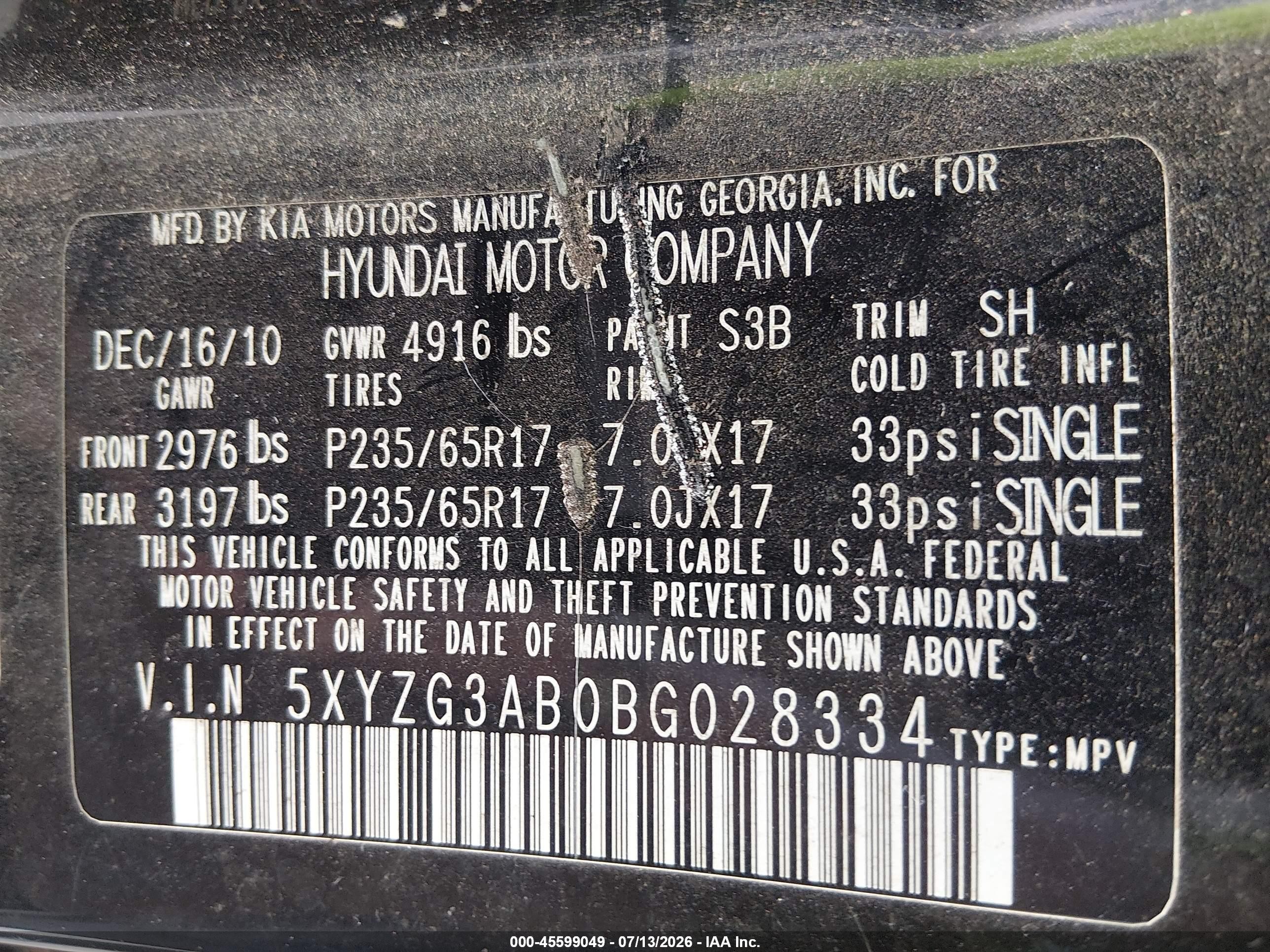 2011 Hyundai Santa Fe Gls Black vin: 5XYZG3AB0BG028334