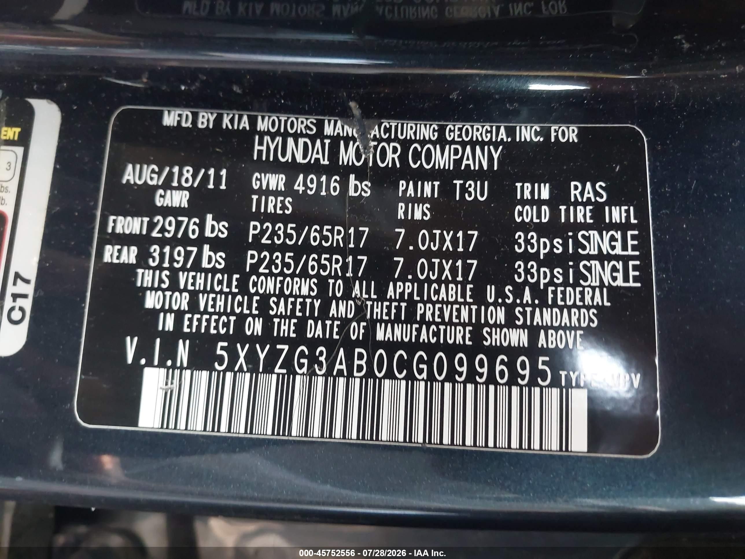 2012 Hyundai Santa Fe Gls Navy vin: 5XYZG3AB0CG099695