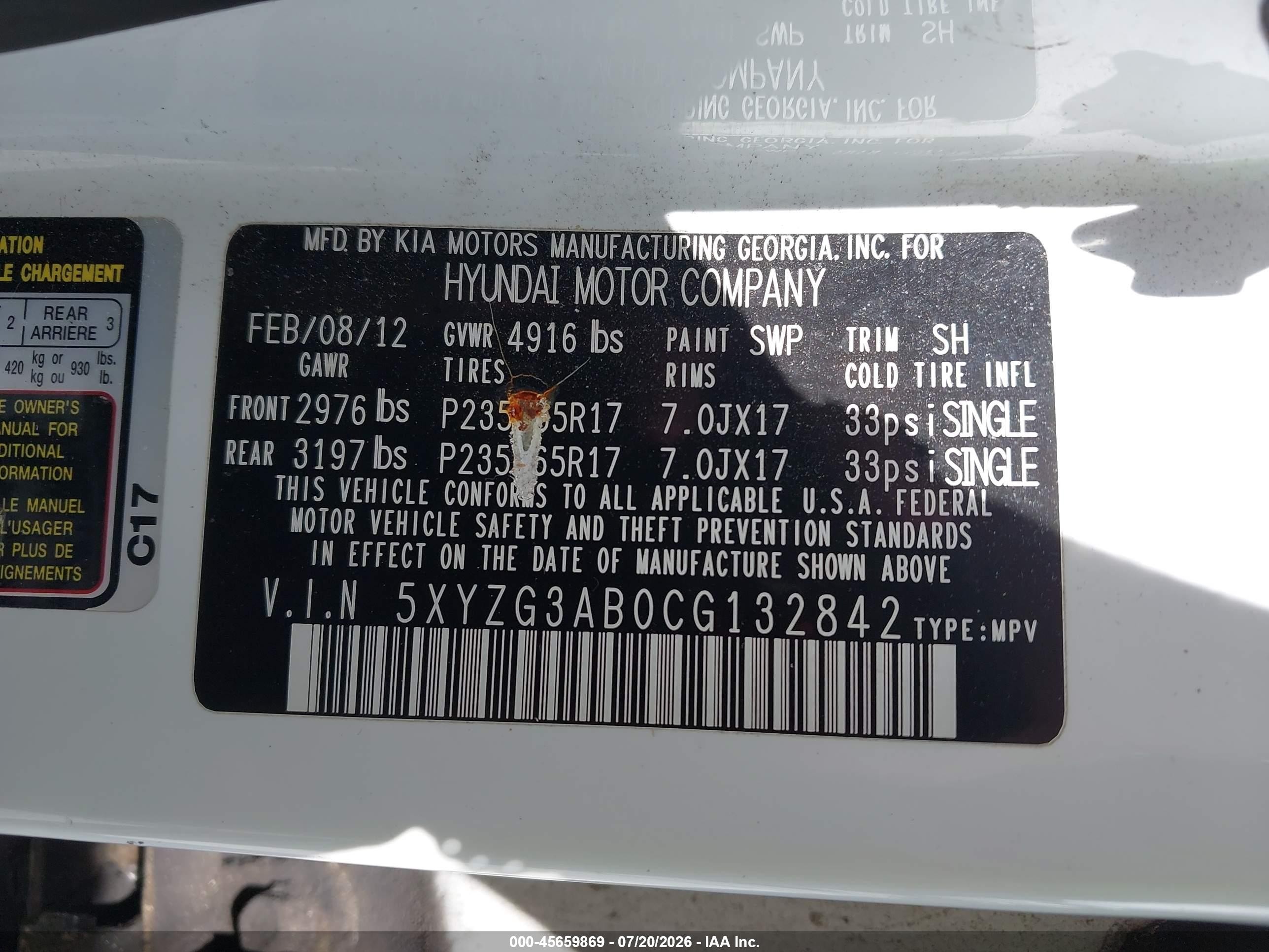 2012 Hyundai Santa Fe Gls White vin: 5XYZG3AB0CG132842