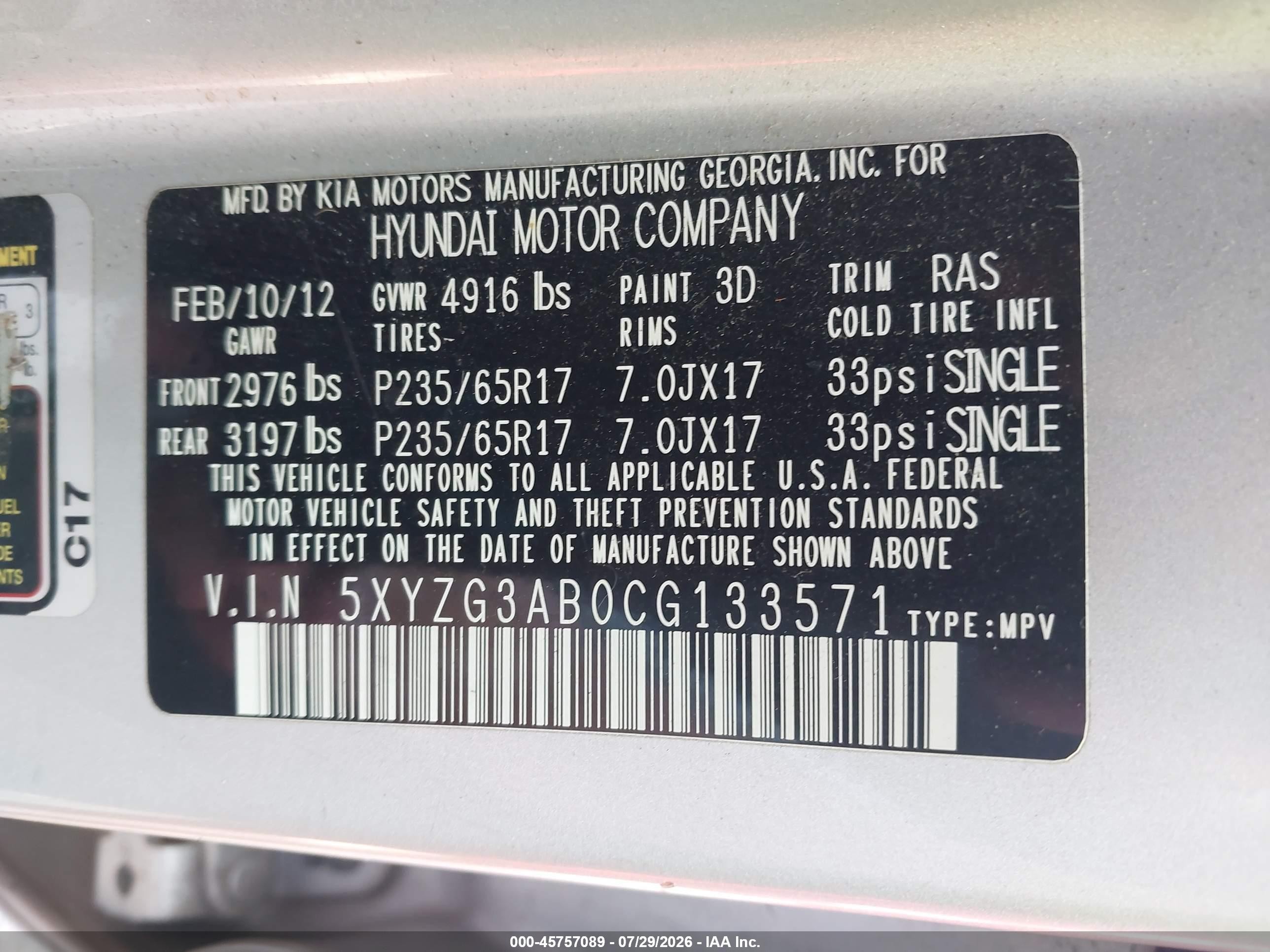 2012 Hyundai Santa Fe Gls Silver vin: 5XYZG3AB0CG133571