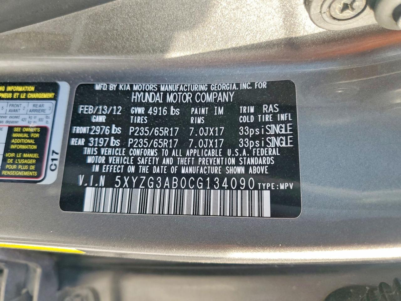 2012 Hyundai Santa Fe Gls Gray vin: 5XYZG3AB0CG134090