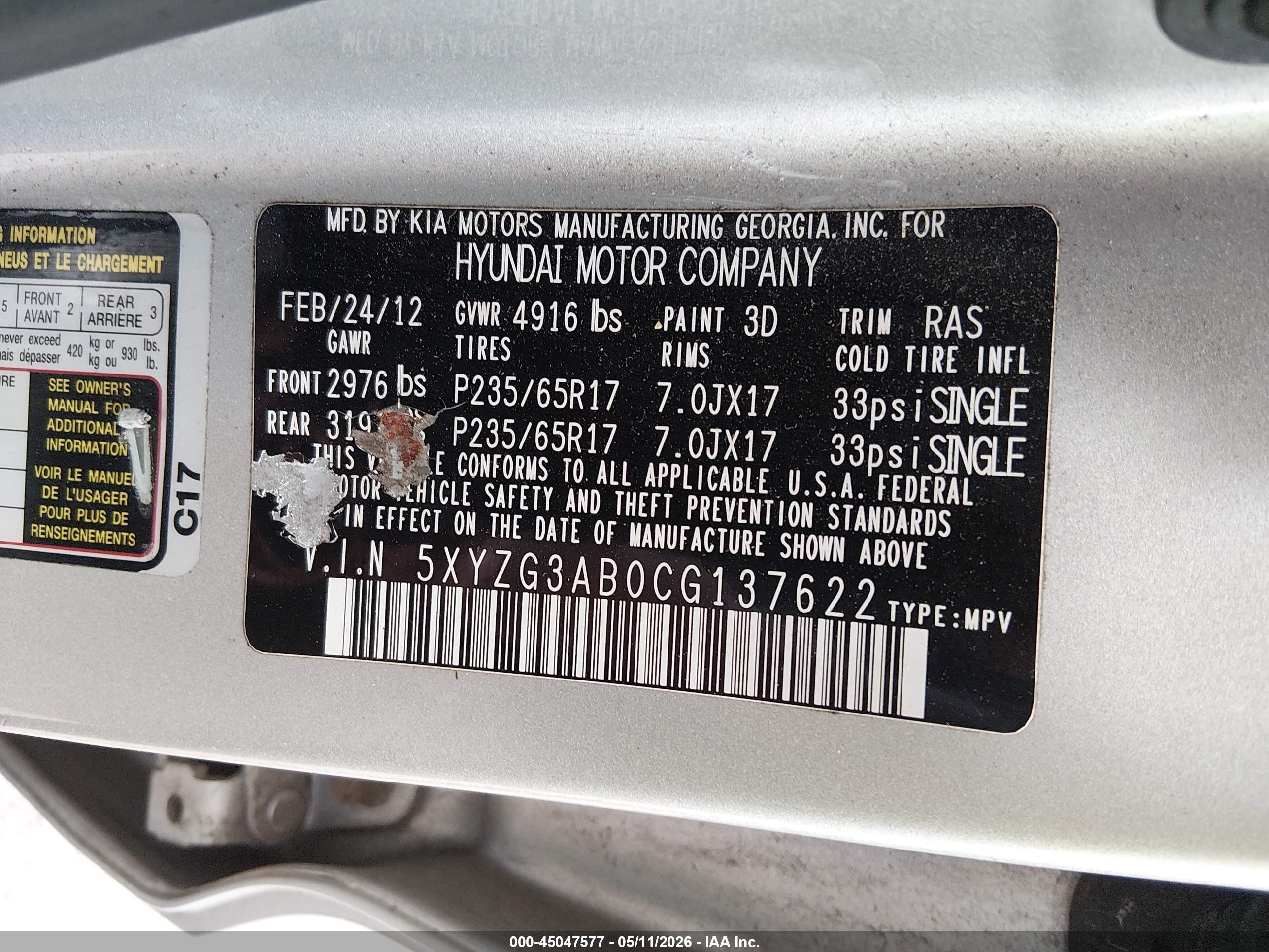 2012 Hyundai Santa Fe Gls Silver vin: 5XYZG3AB0CG137622