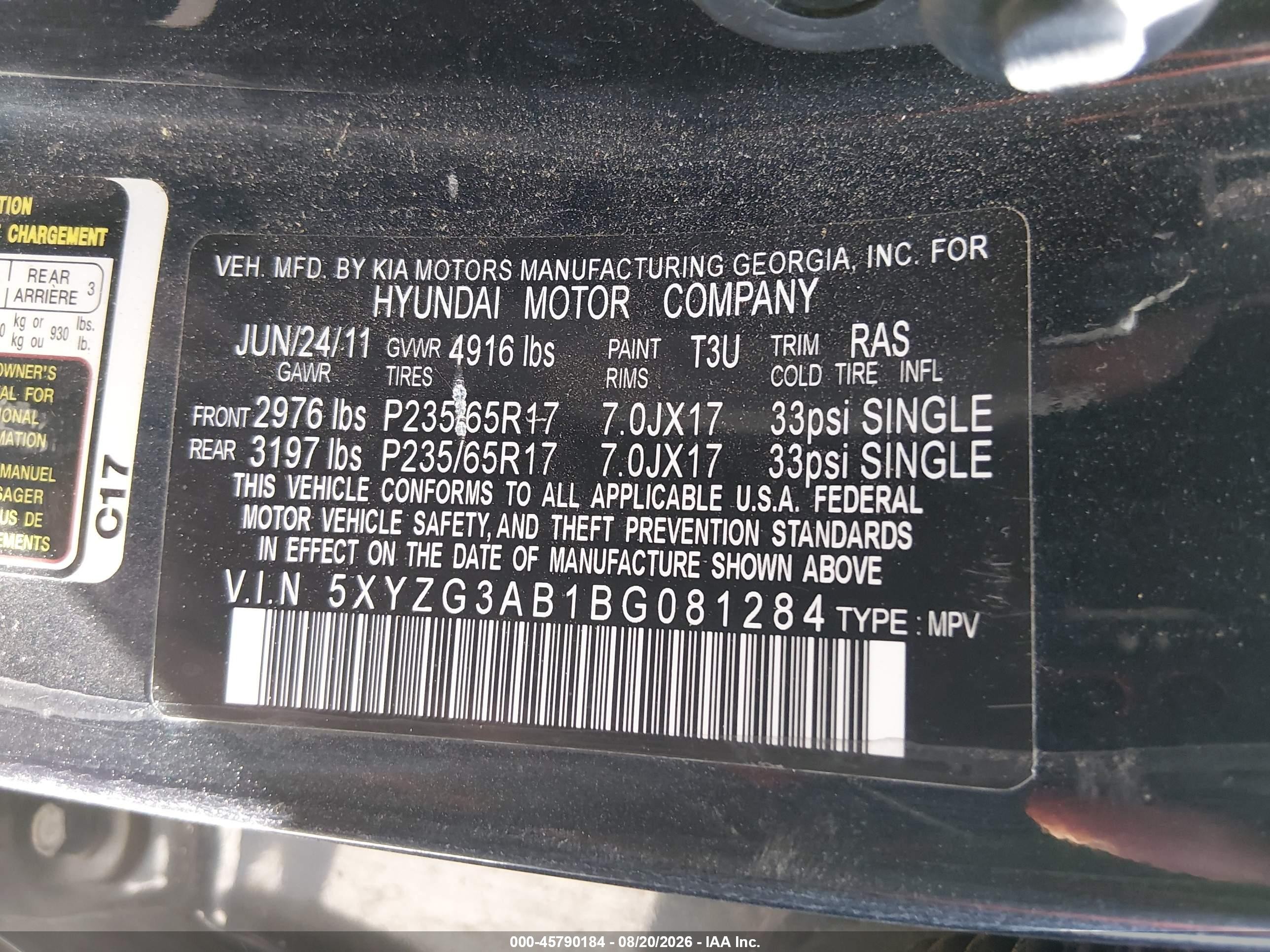 2011 Hyundai Santa Fe Gls Gray vin: 5XYZG3AB1BG081284