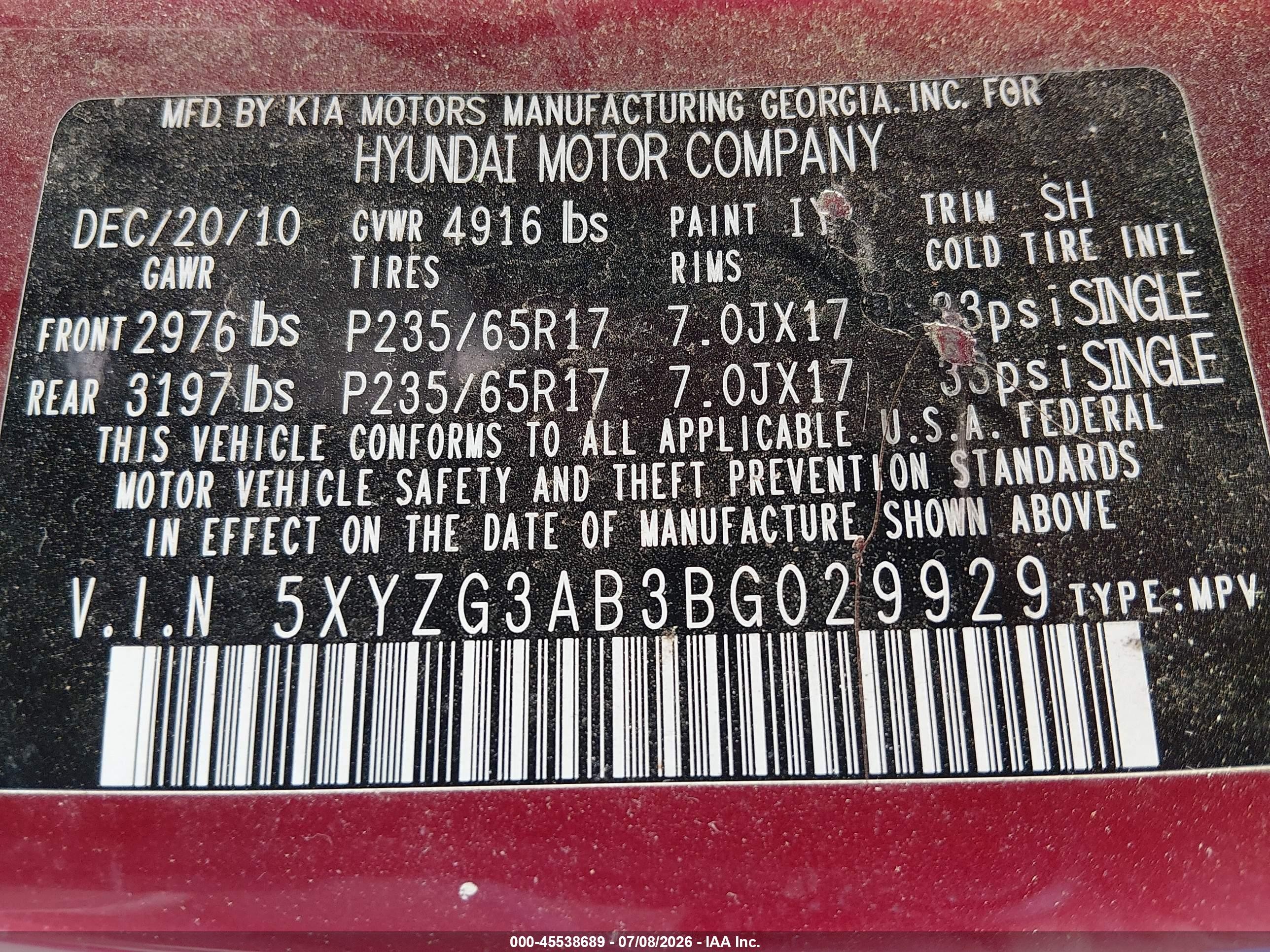 2011 Hyundai Santa Fe Gls Maroon vin: 5XYZG3AB3BG029929