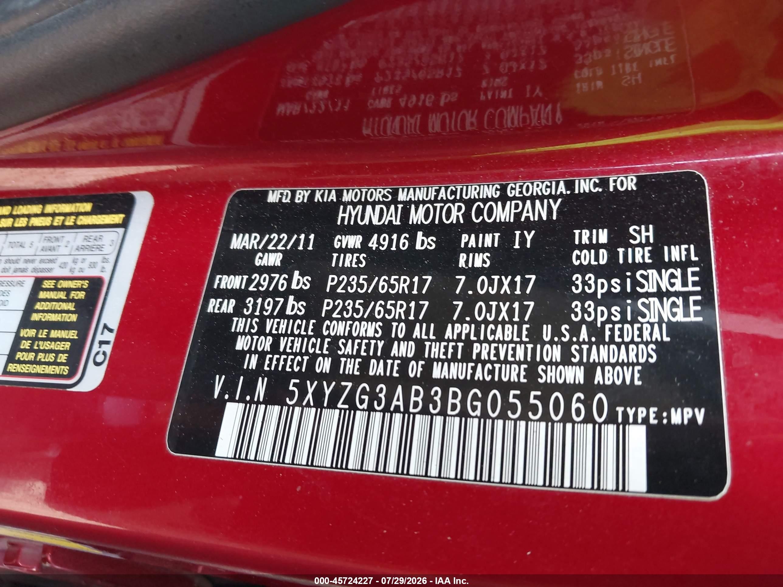 2011 Hyundai Santa Fe Gls Red vin: 5XYZG3AB3BG055060
